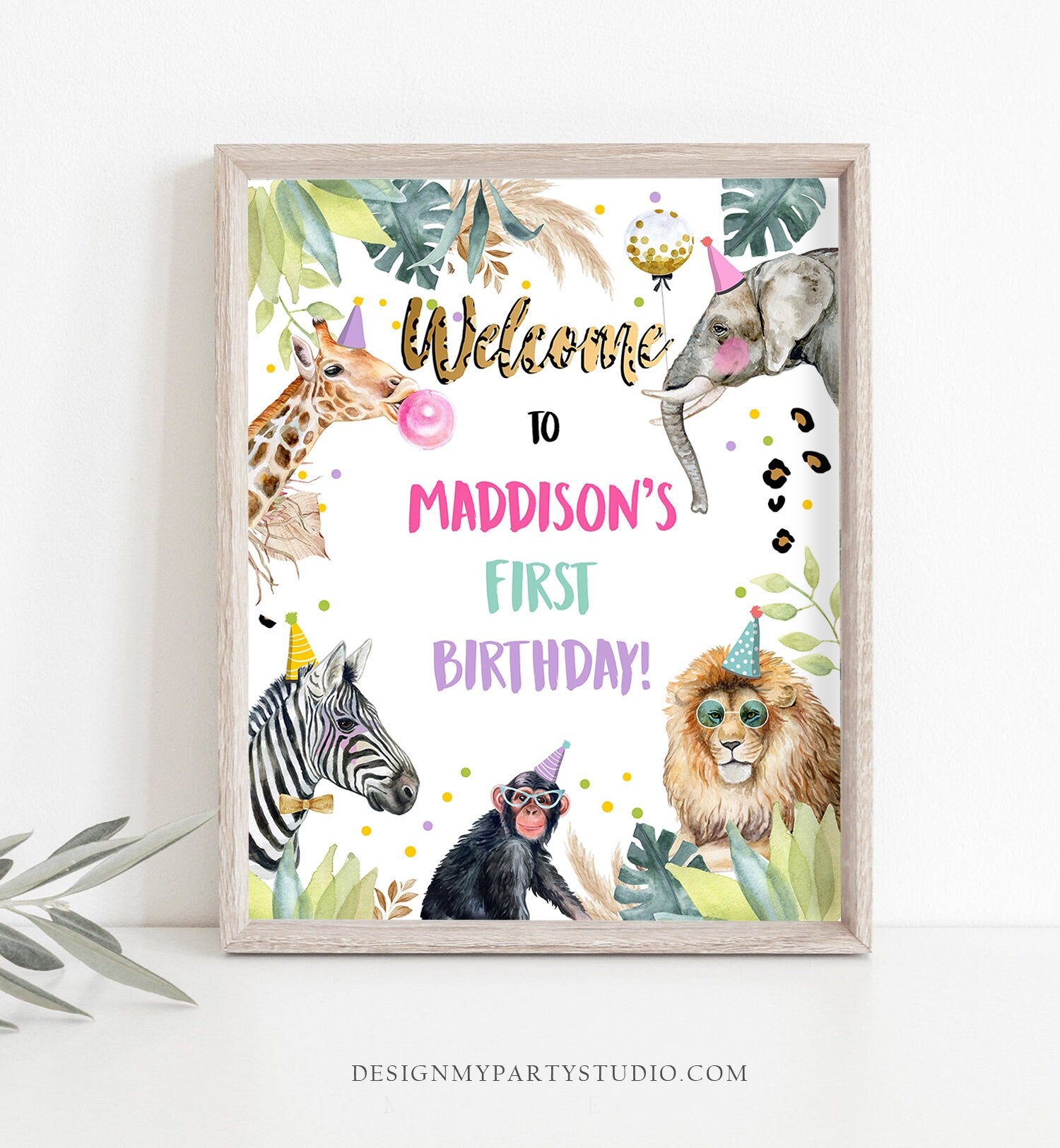 Editable Party Animals Welcome Sign Party Animal Sign Zoo Safari Welcome Jungle Sign Birthday Animals Girl Template PRINTABLE Corjl 0417