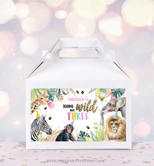 Editable Party Animals Gable Safari Animals 3rd Birthday Gift Box Labels Zoo Party Jungle Young Wild and Three Download Printable Corjl 0417