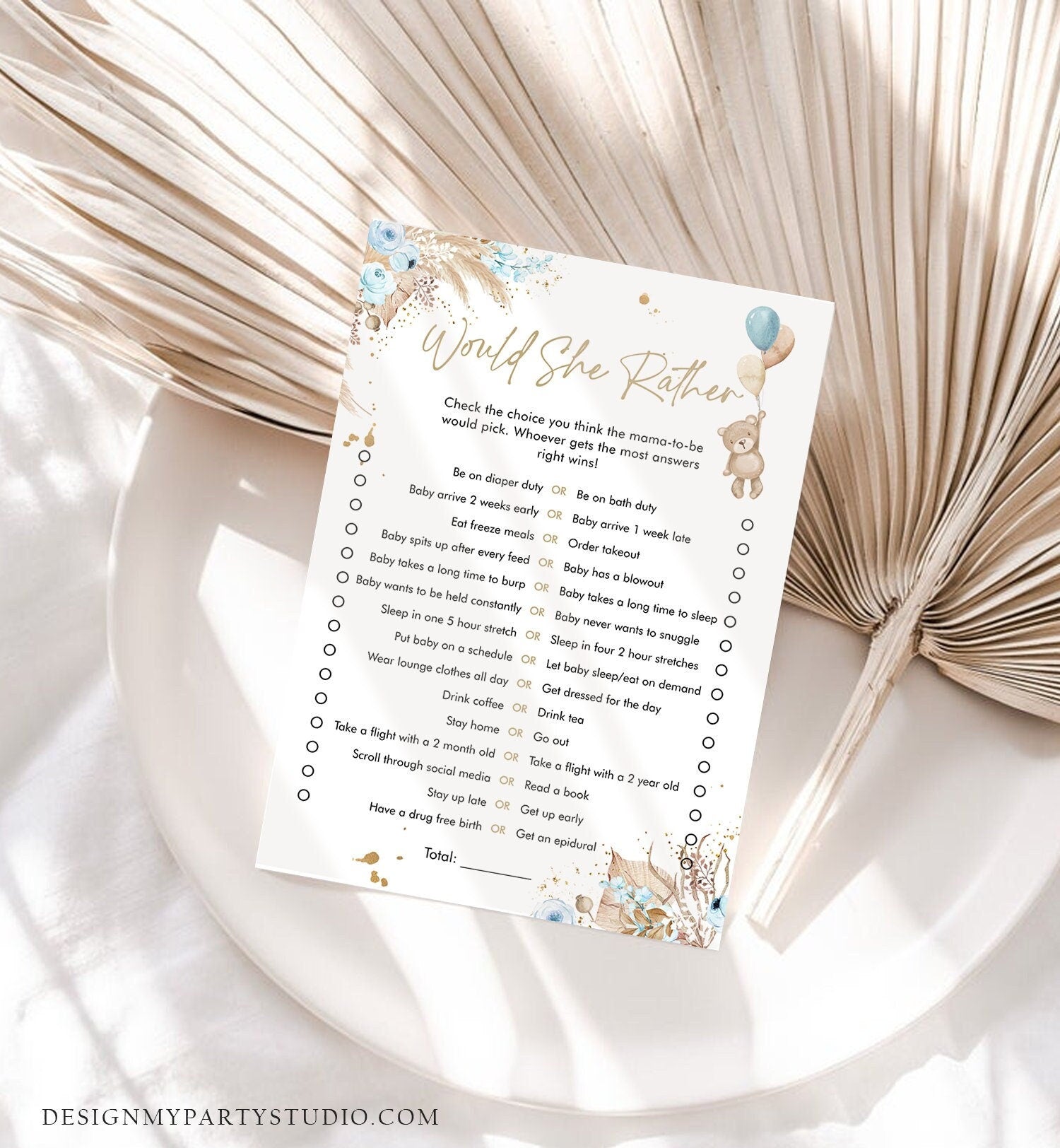 Editable Would She Rather Baby Shower Game Teddy Bear Baby Shower Boho Boy Bearly Wait Pampas Grass Guess Digital Template Printable 0421