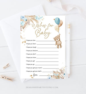 Editable Whishes for the Baby Game Baby Shower Boho Teddy Bear Baby Shower Boho Boy Rustic Pampas Grass Bearly Corjl Template Printable 0421
