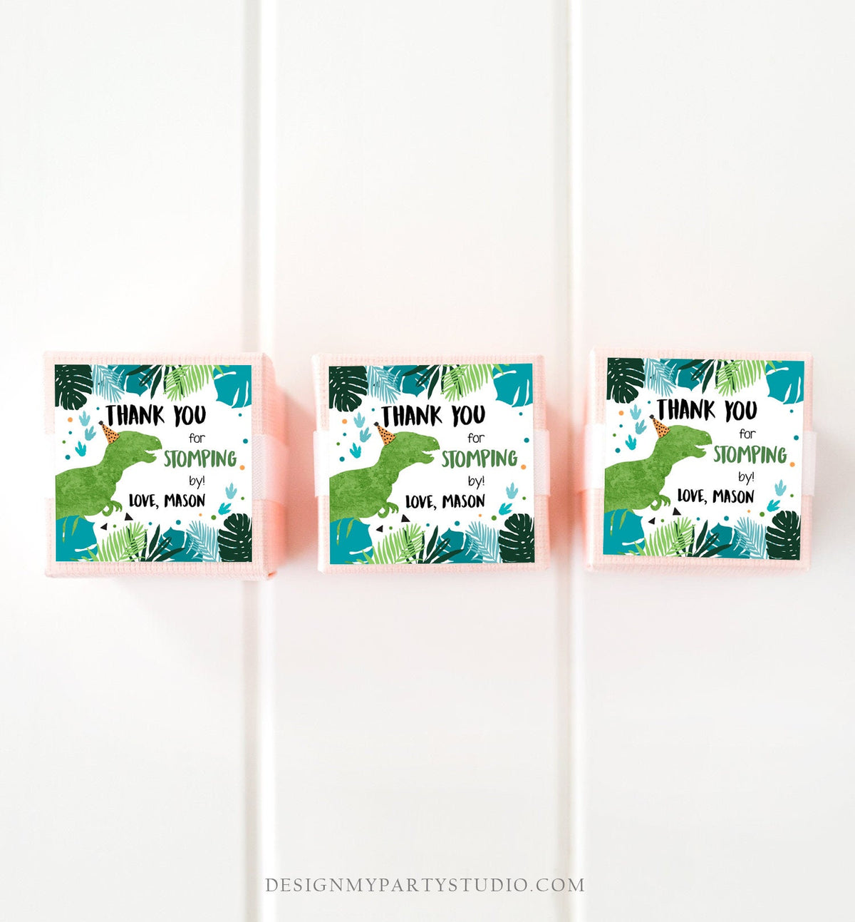 Editable Dinosaur Birthday Favor Tags Gift Tag Boy Green Blue Three Rex Thank You Stomping By Dino T-Rex Digital Template Printable 0389