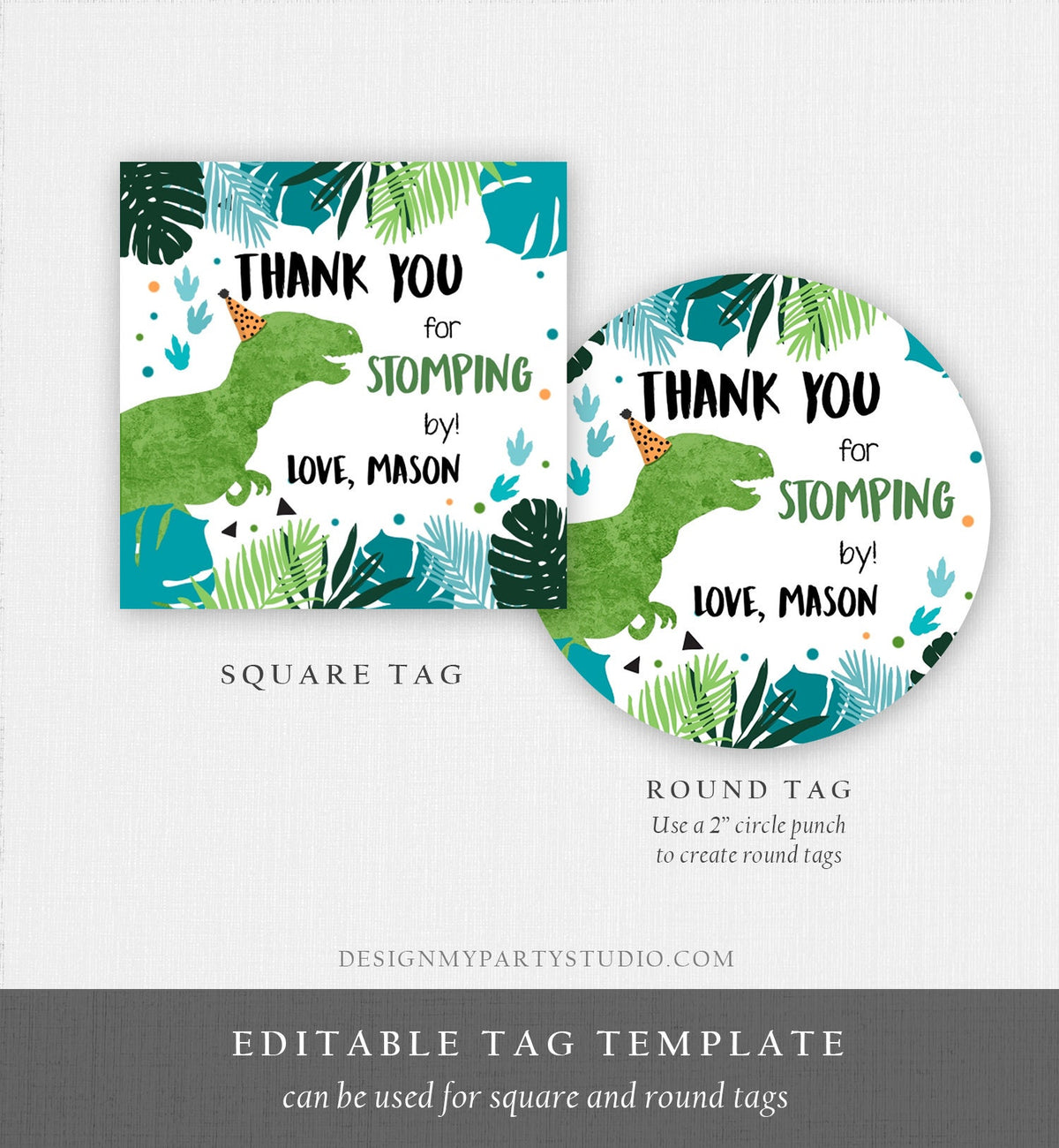 Editable Dinosaur Birthday Favor Tags Gift Tag Boy Green Blue Three Rex Thank You Stomping By Dino T-Rex Digital Template Printable 0389