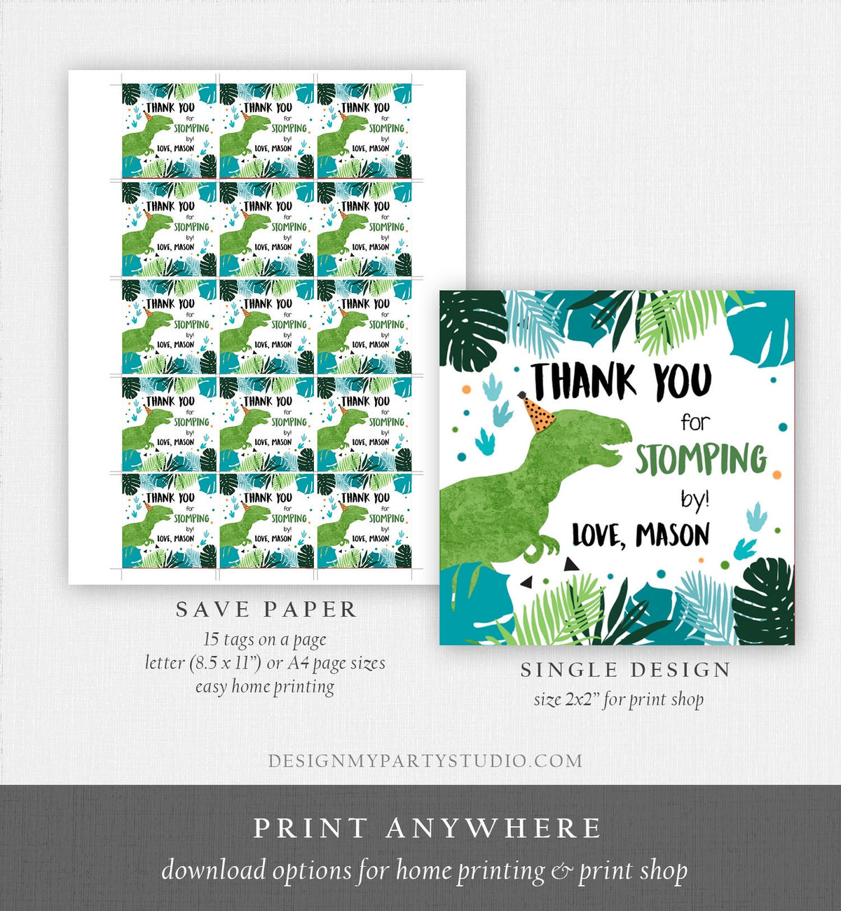 Editable Dinosaur Birthday Favor Tags Gift Tag Boy Green Blue Three Rex Thank You Stomping By Dino T-Rex Digital Template Printable 0389