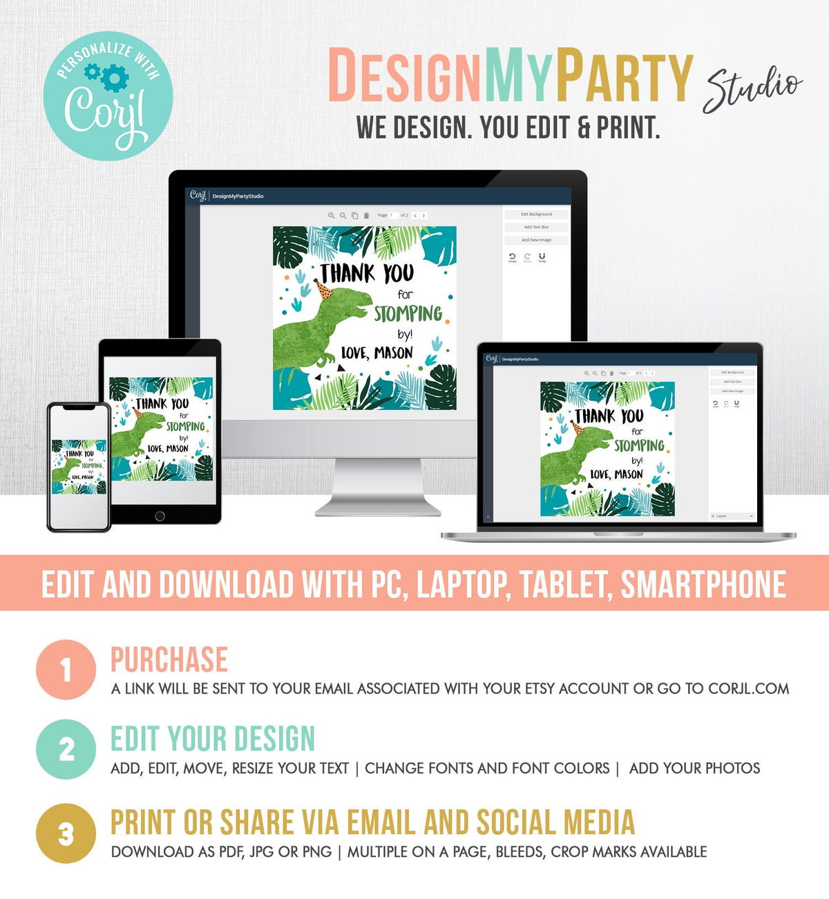 Editable Dinosaur Birthday Favor Tags Gift Tag Boy Green Blue Three Rex Thank You Stomping By Dino T-Rex Digital Template Printable 0389