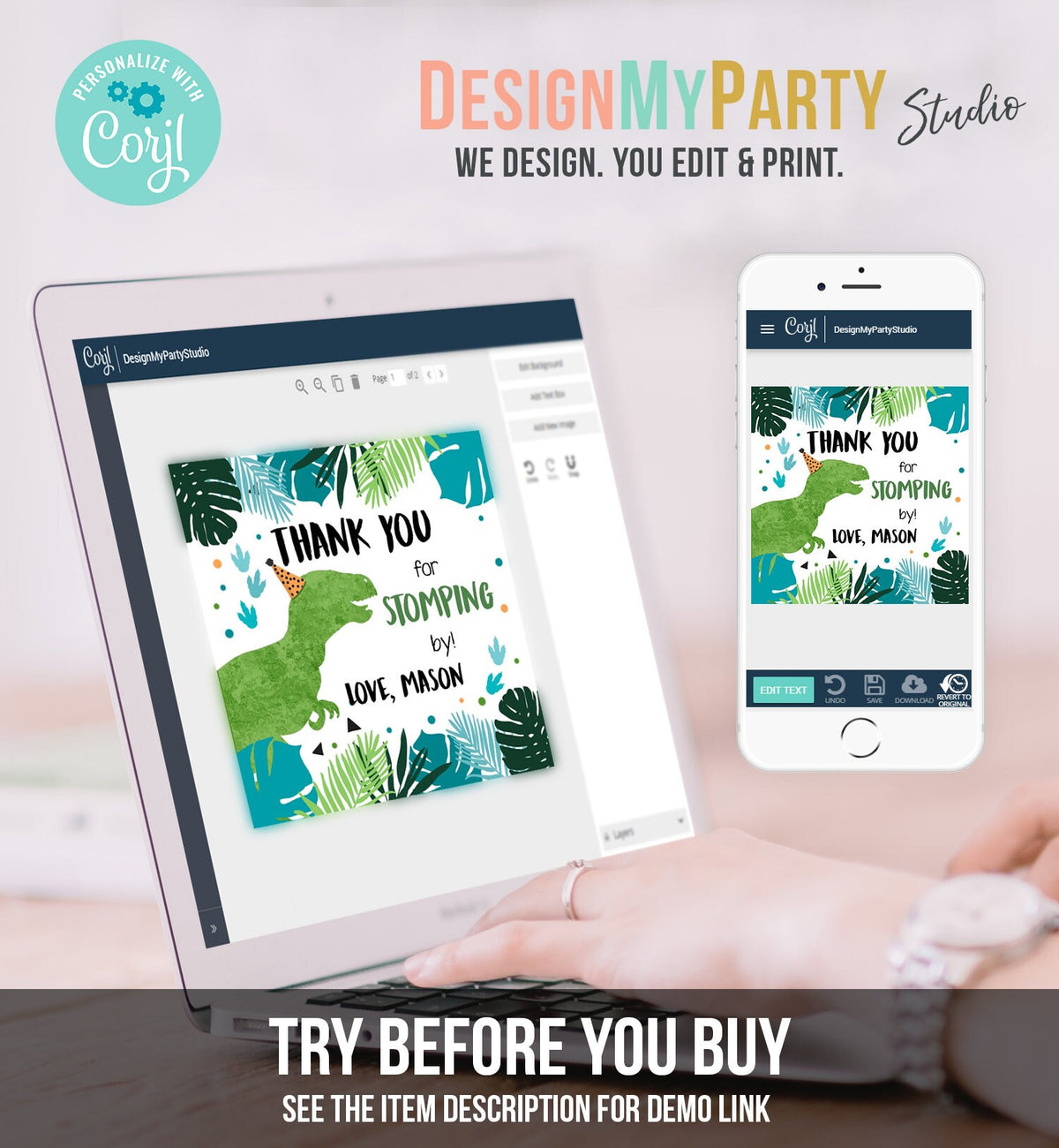 Editable Dinosaur Birthday Favor Tags Gift Tag Boy Green Blue Three Rex Thank You Stomping By Dino T-Rex Digital Template Printable 0389