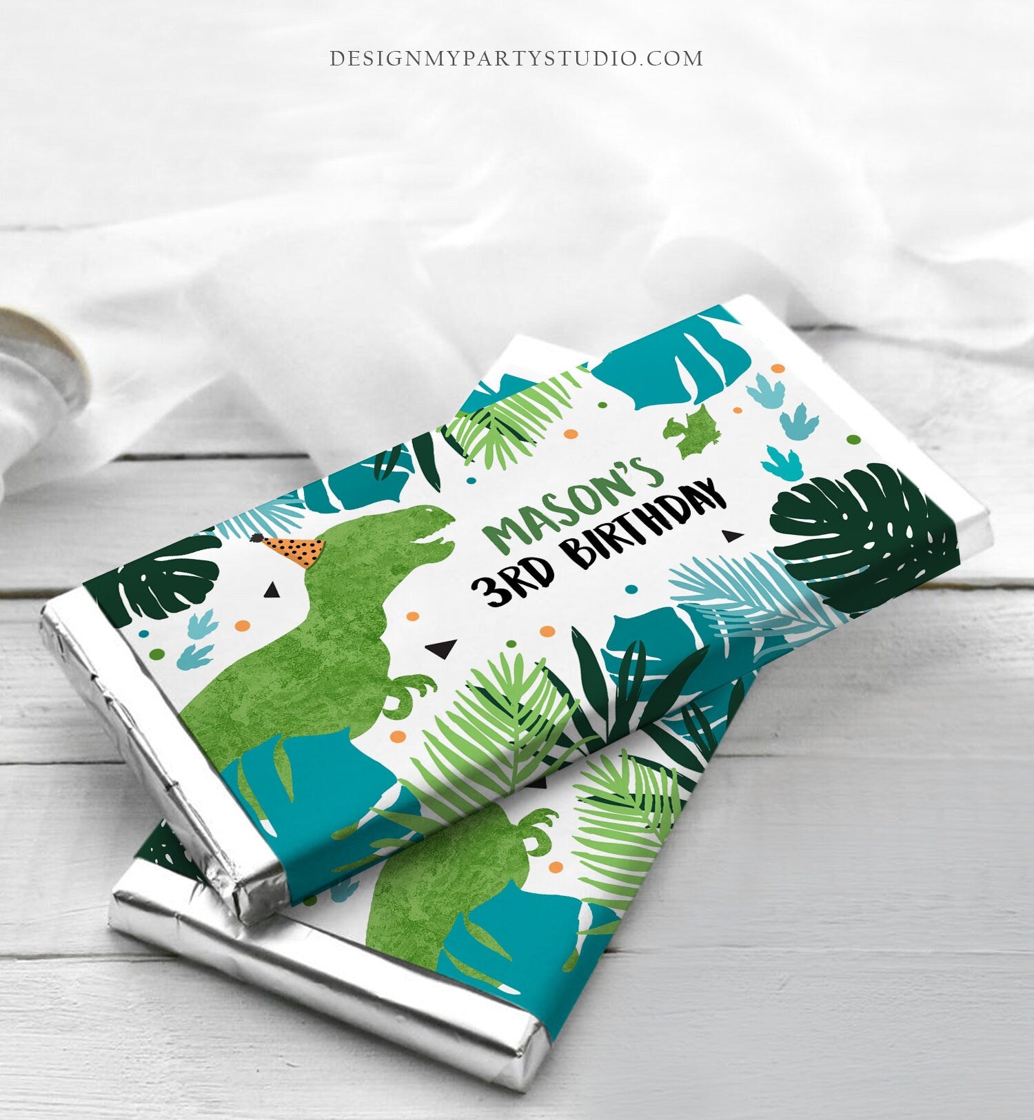 Editable Dinosaur Chocolate Bar Labels Candy Bar Wrapper Three Rex Birthday Blue Green T-Rex Dino Download Corjl Template Printable 0389