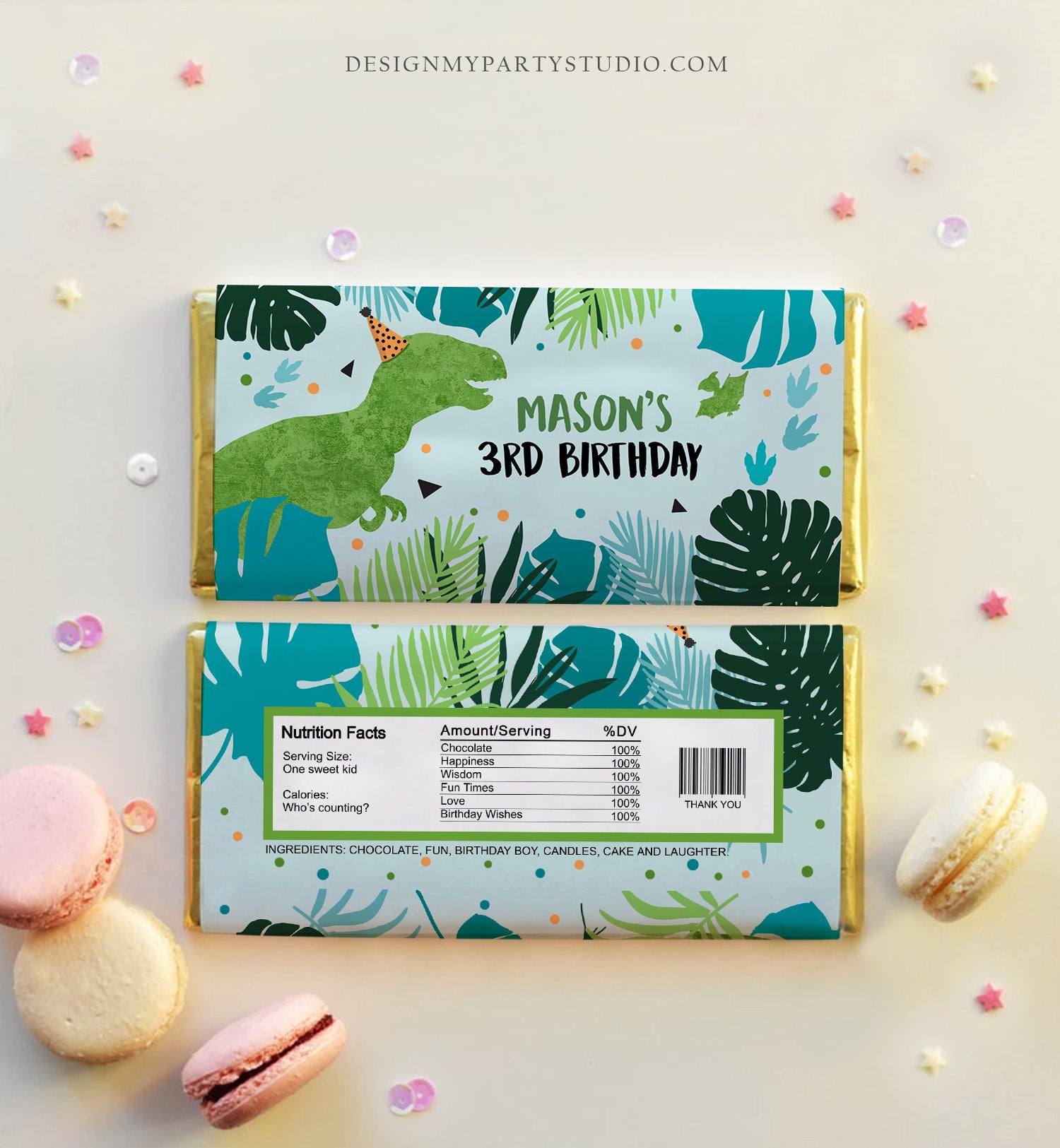 Editable Dinosaur Chocolate Bar Labels Candy Bar Wrapper Three Rex Birthday Blue Green T-Rex Dino Digital Download Template Printable 0389