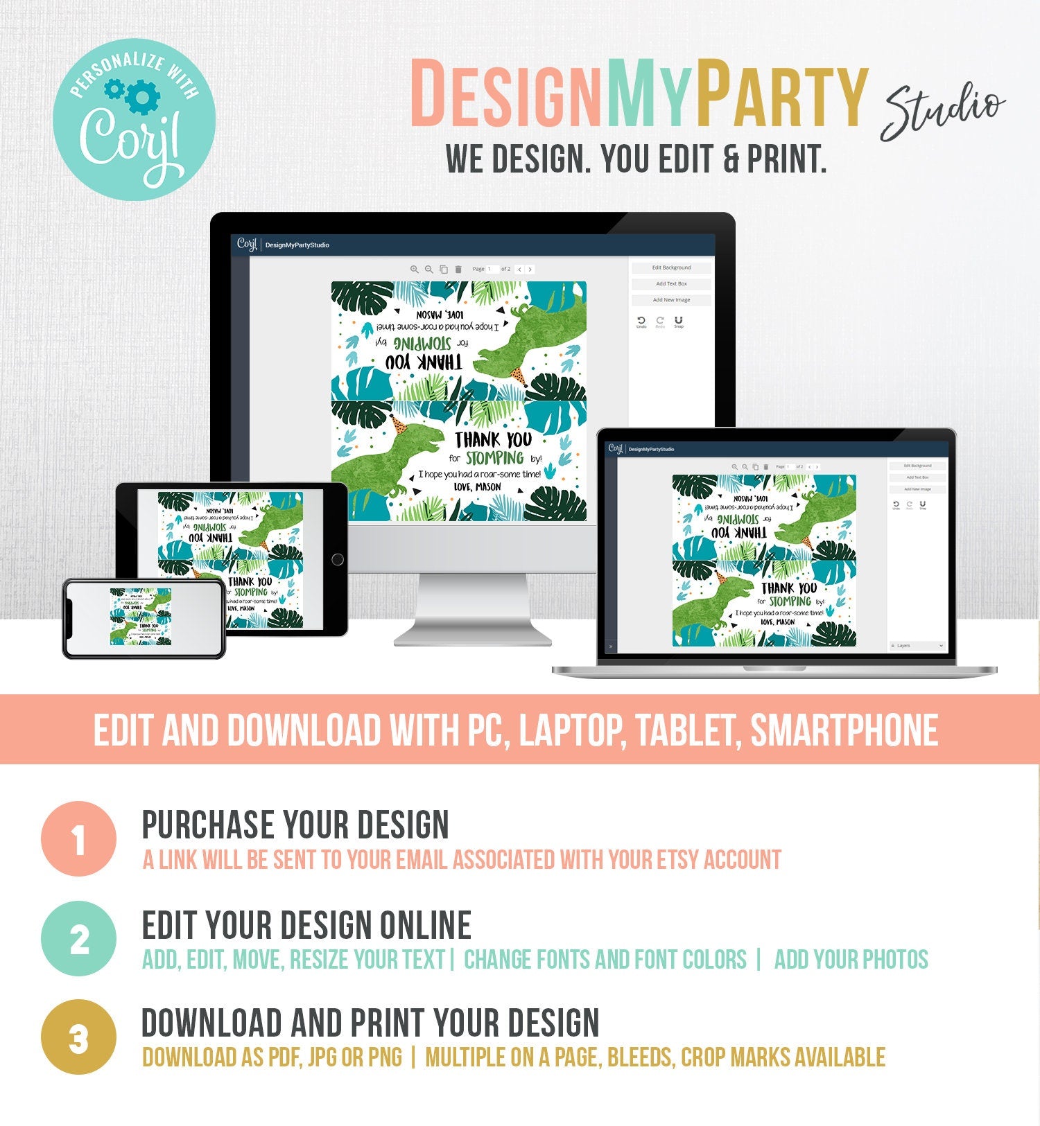 Editable Dinosaur Treat Bag Toppers Boy Dinosaur Birthday Party Thank You for Stomping By Three Rex Favor Bag Corjl Template Printable 0389