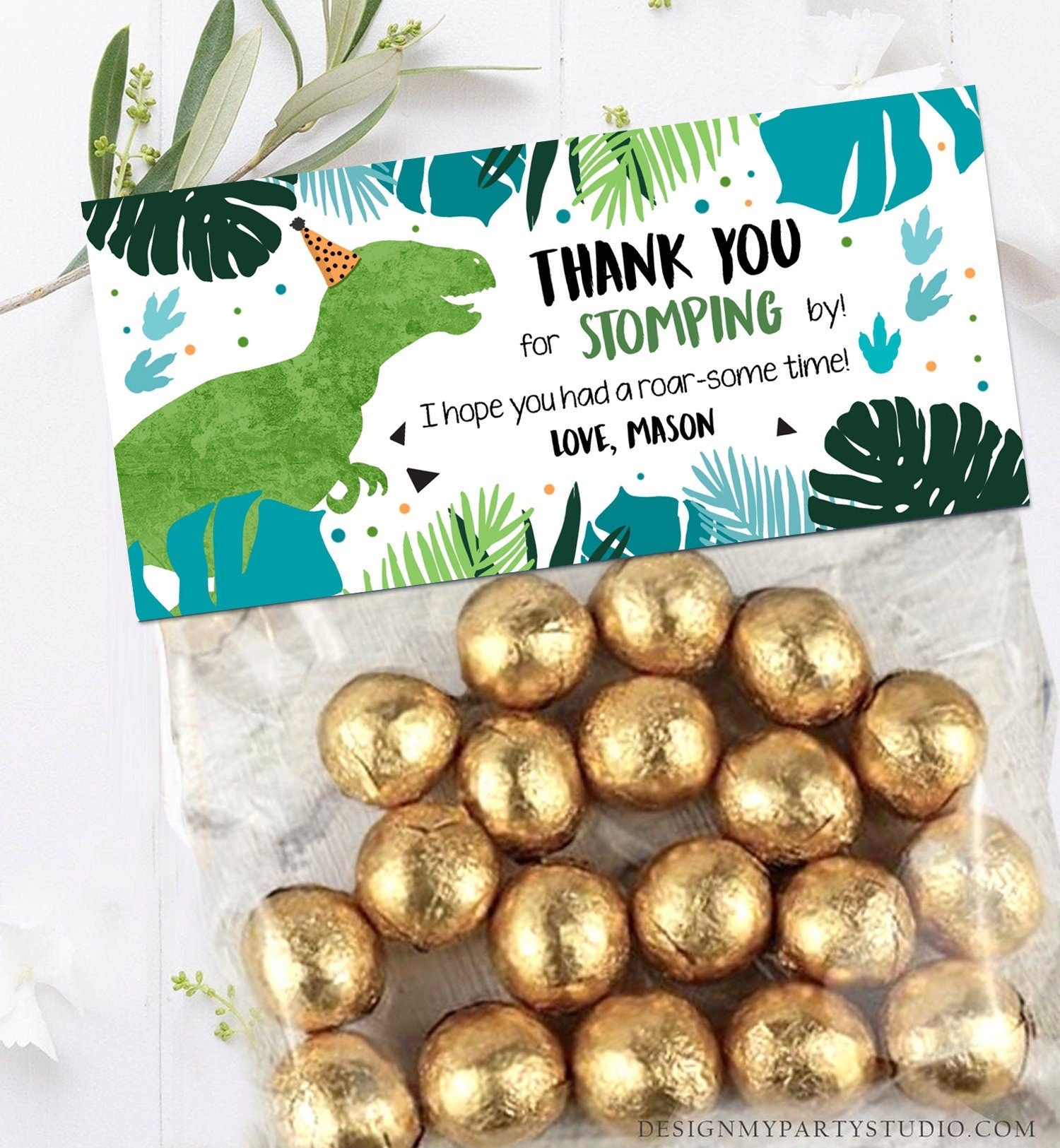 Editable Dinosaur Treat Bag Toppers Boy Dinosaur Birthday Party Thank You for Stomping By Three Rex Favor Bag Corjl Template Printable 0389