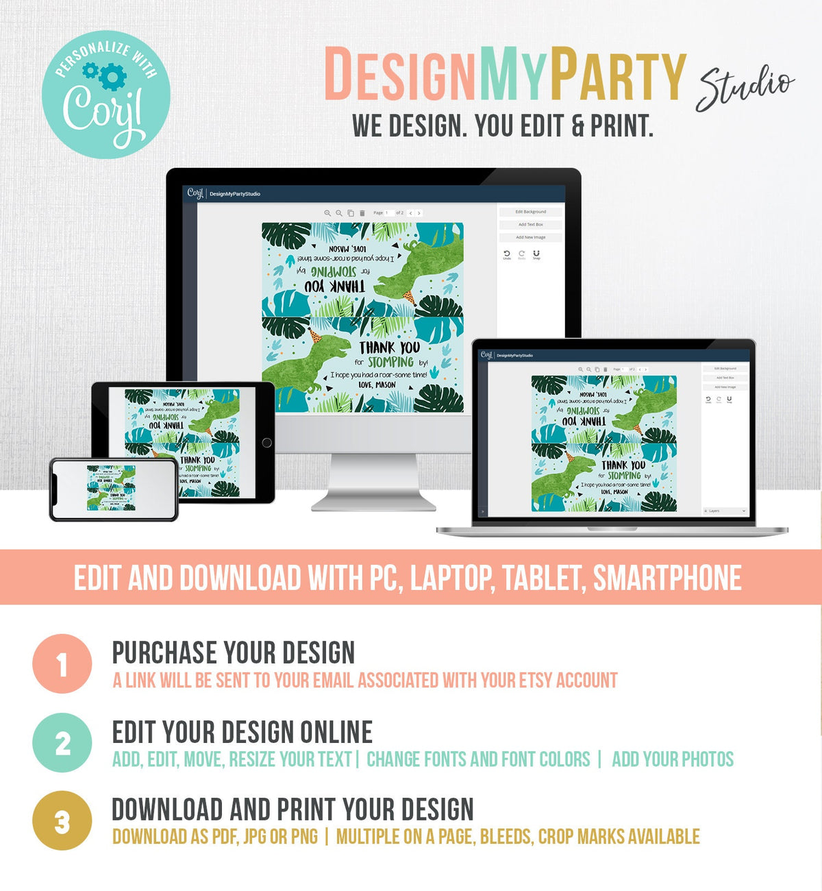 Editable Dinosaur Treat Bag Toppers Boy Dinosaur Birthday Party Thank You for Stomping By Three Rex Favor Digital Template Printable 0389