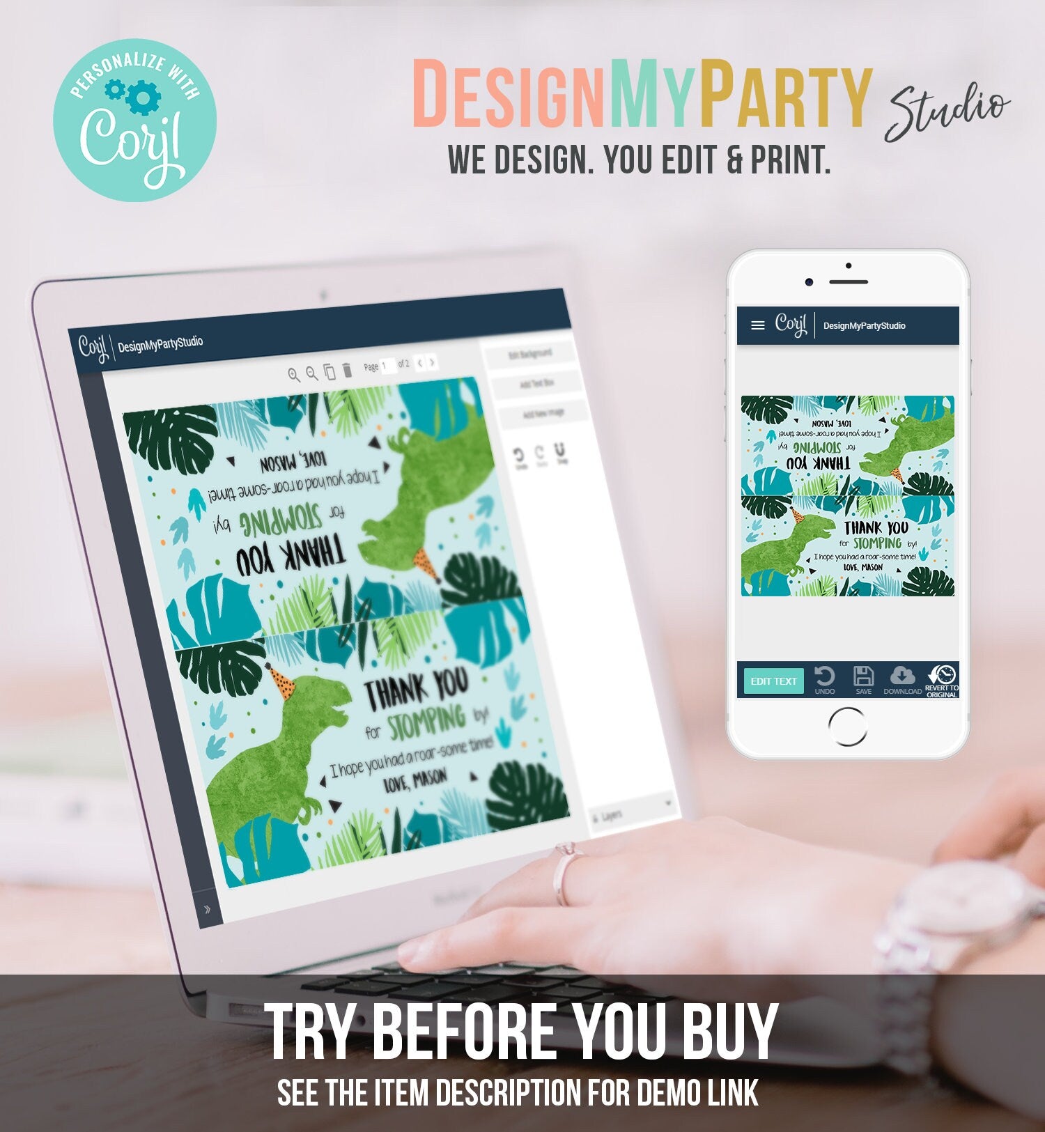 Editable Dinosaur Treat Bag Toppers Boy Dinosaur Birthday Party Thank You for Stomping By Three Rex Favor Digital Template Printable 0389