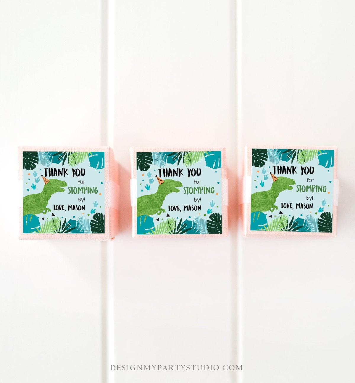 Editable Dinosaur Birthday Favor Tags Gift Tag Boy Green T-Rex Thank You Stomping By Dino Party T-Rex Digital Template Printable 0389