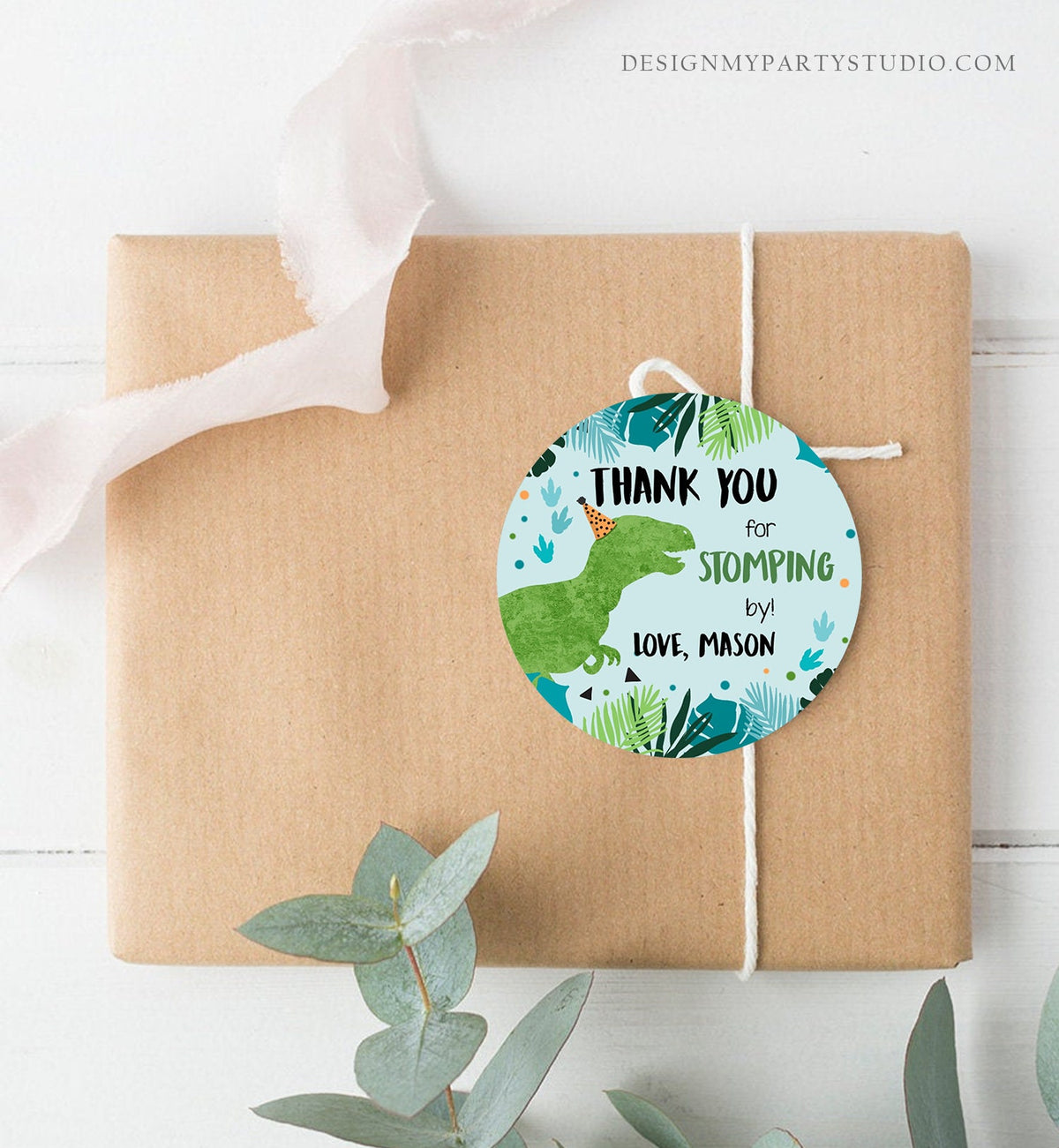 Editable Dinosaur Birthday Favor Tags Gift Tag Boy Green T-Rex Thank You Stomping By Dino Party T-Rex Digital Template Printable 0389