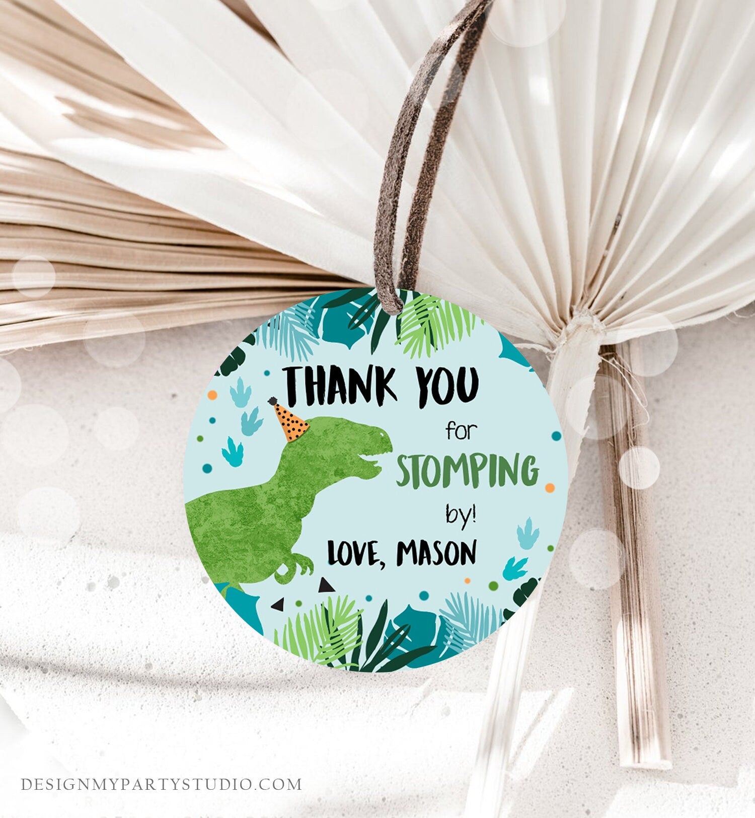 Editable Dinosaur Birthday Favor Tags Gift Tag Boy Green Blue Three Rex Thank You Stomping By Dino Party T-Rex Corjl Template Printable 0389