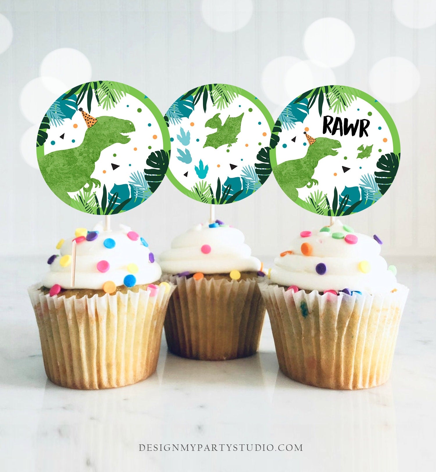 Dinosaur Cupcake Toppers Dino Favor Tags Dino Three Rex Party T-Rex Boy Stickers Green Dino Birthday Cake Blue Boy Download Printable 0389