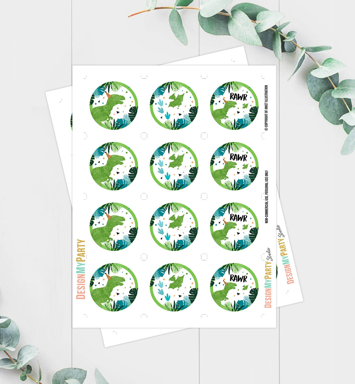 Dinosaur Cupcake Toppers Dino Favor Tags Dino Three Rex Party T-Rex Boy Stickers Green Dino Birthday Cake Blue Boy Download Printable 0389