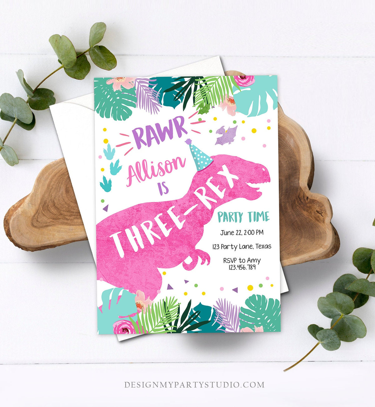 Editable Three-Rex Dinosaur Birthday Invitation Dino T-Rex Third Birthday 3rd Rawr Girl Pink Prehistoric Digital Template Printable 0423