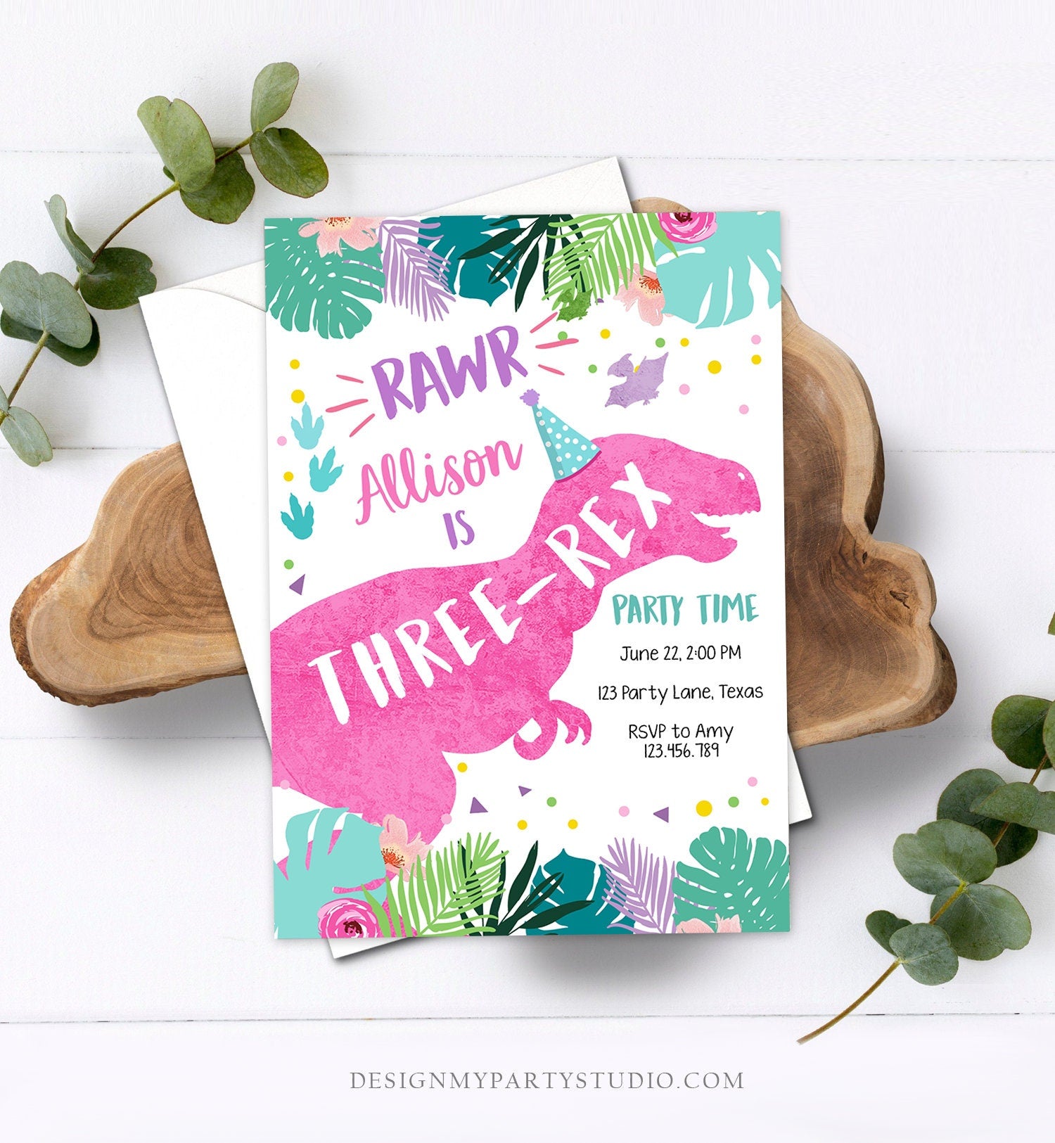 Editable Three-Rex Dinosaur Birthday Invitation Dino T-Rex Third Birthday 3rd Rawr Girl Pink Prehistoric Digital Template Printable 0423