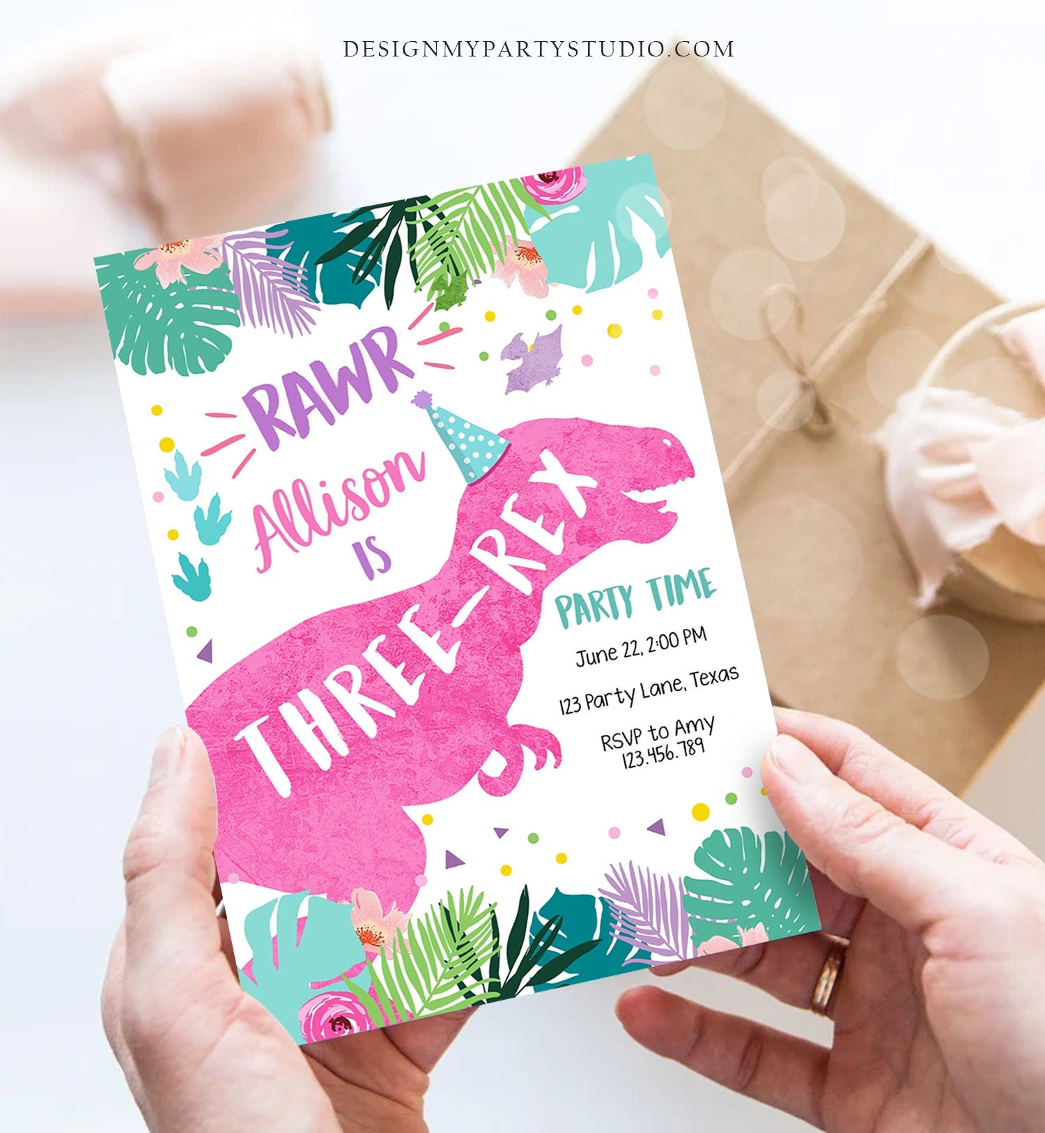 Editable Three-Rex Dinosaur Birthday Invitation Dino T-Rex Third Birthday 3rd Rawr Girl Pink Prehistoric Digital Template Printable 0423