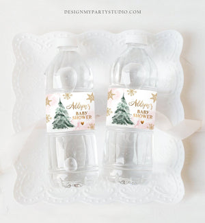 Editable Winter Baby Shower Water Bottle Labels Baby It's Cold Outside Girl Pink Gold Christmas Tree Download Printable Template Corjl 0363