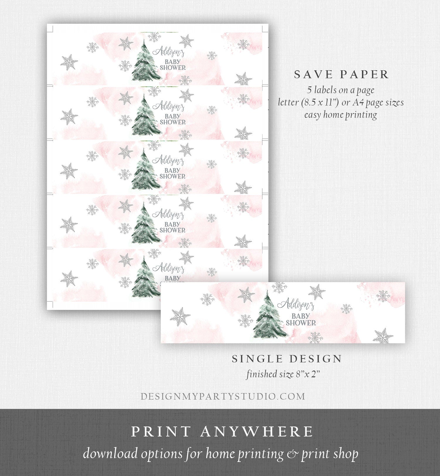 Editable Winter Baby Shower Water Bottle Labels Baby It's Cold Outside Girl Pink Silver Christmas Digital Download Template Printable 0363