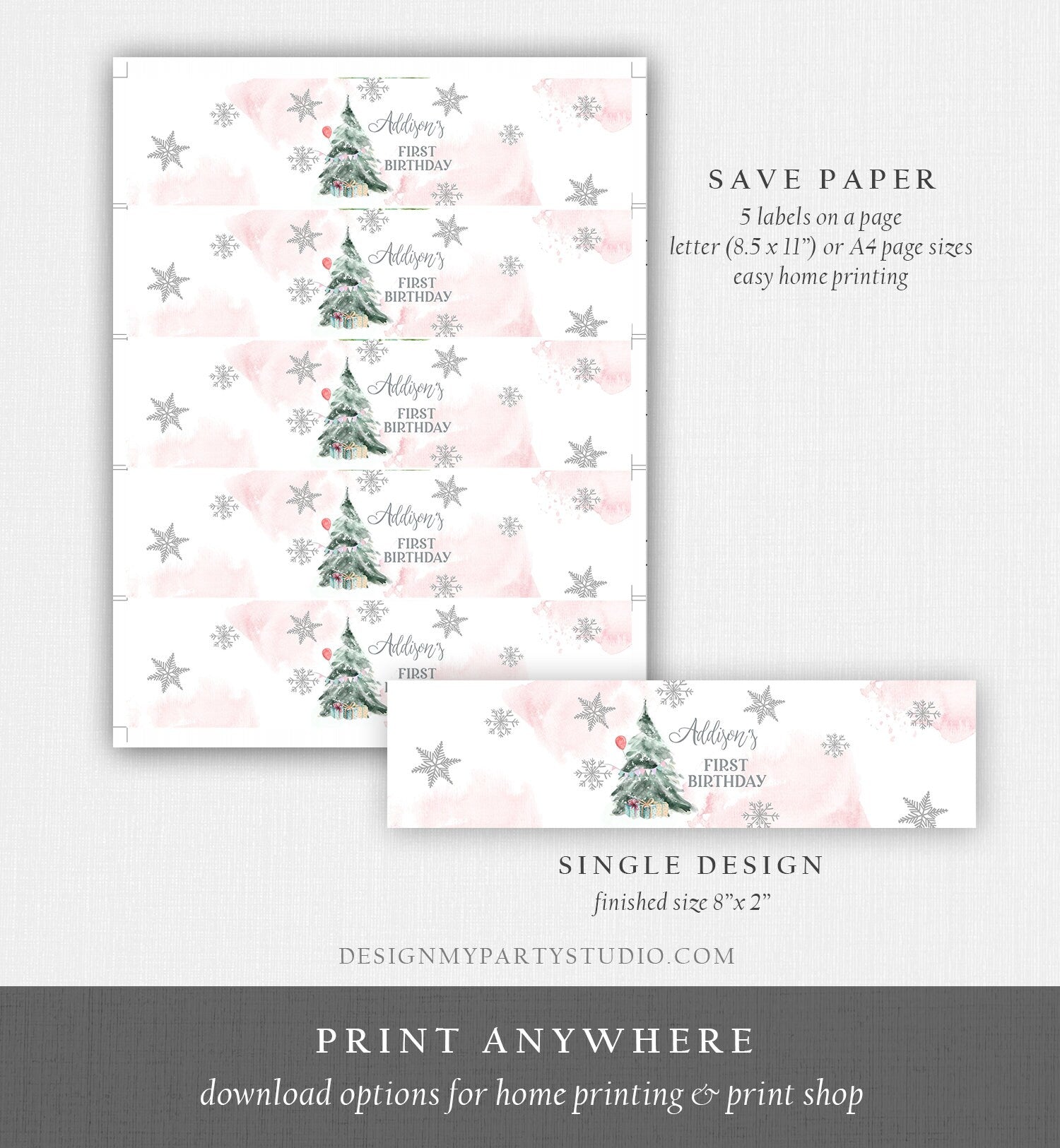 Editable Winter Onederland Water Bottle Labels Winter Birthday Party Girl Pink Wonderland Party Digital Download Template Printable 0363