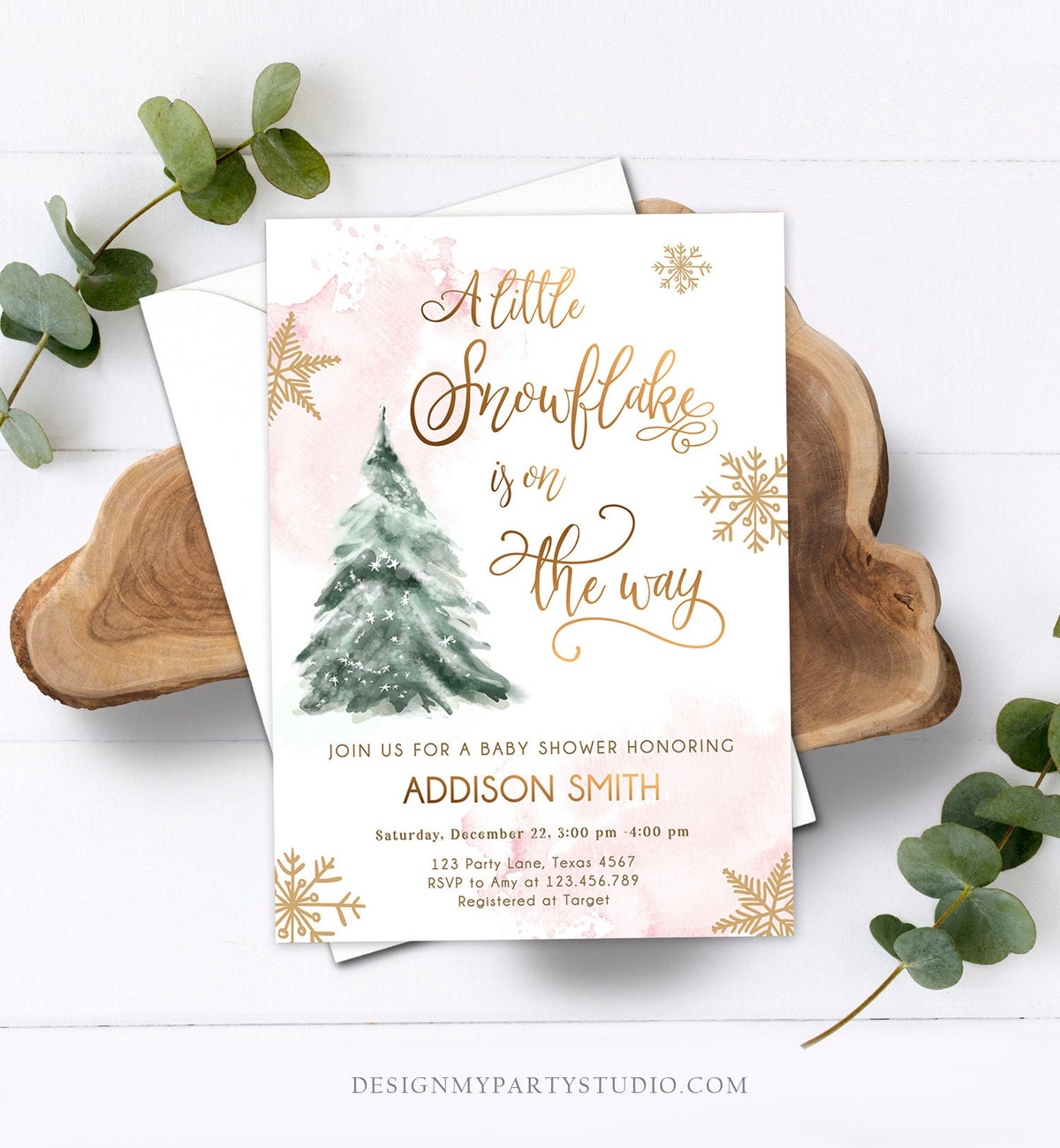 Editable A Little Snowflake is on the Way Baby Shower Invitation Winter Girl Blush Pink Snow Watercolor Tree Download Corjl Template 0363