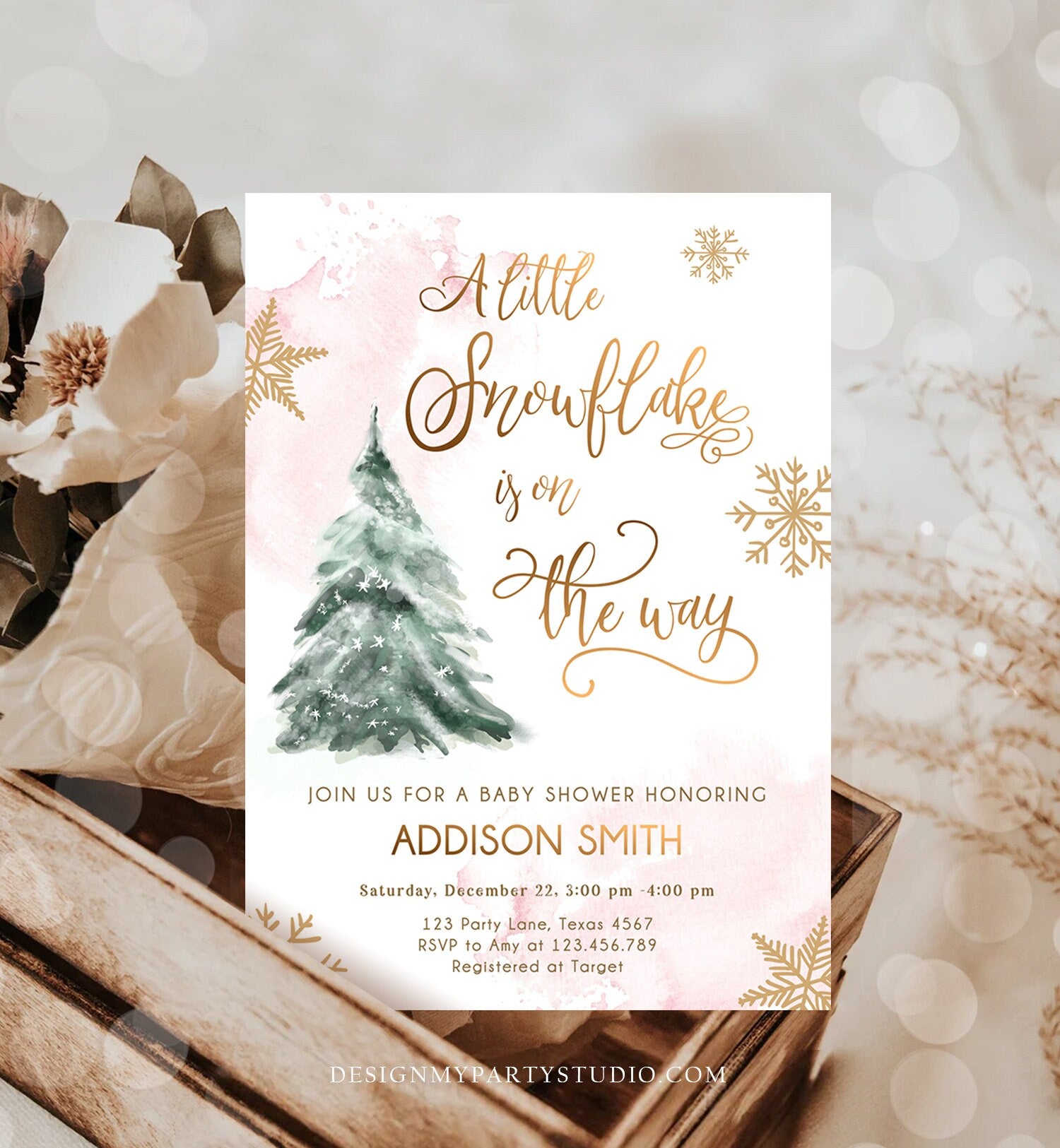 Editable A Little Snowflake is on the Way Baby Shower Invitation Winter Girl Blush Pink Snow Watercolor Tree Download Corjl Template 0363
