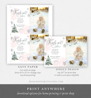 Editable Winter Tree Thank You Card Watercolor Birthday Winter Onederland Pink Girl Christmas Snow Snowflake Template Download Corjl 0363