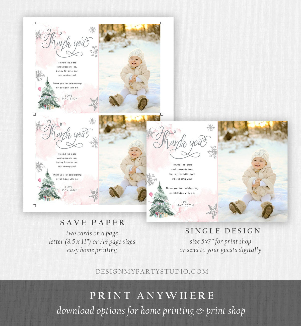 Editable Winter Tree Thank You Card Watercolor Birthday Winter Onederland Pink Girl Christmas Snow Snowflake Digital Template Printable 0363