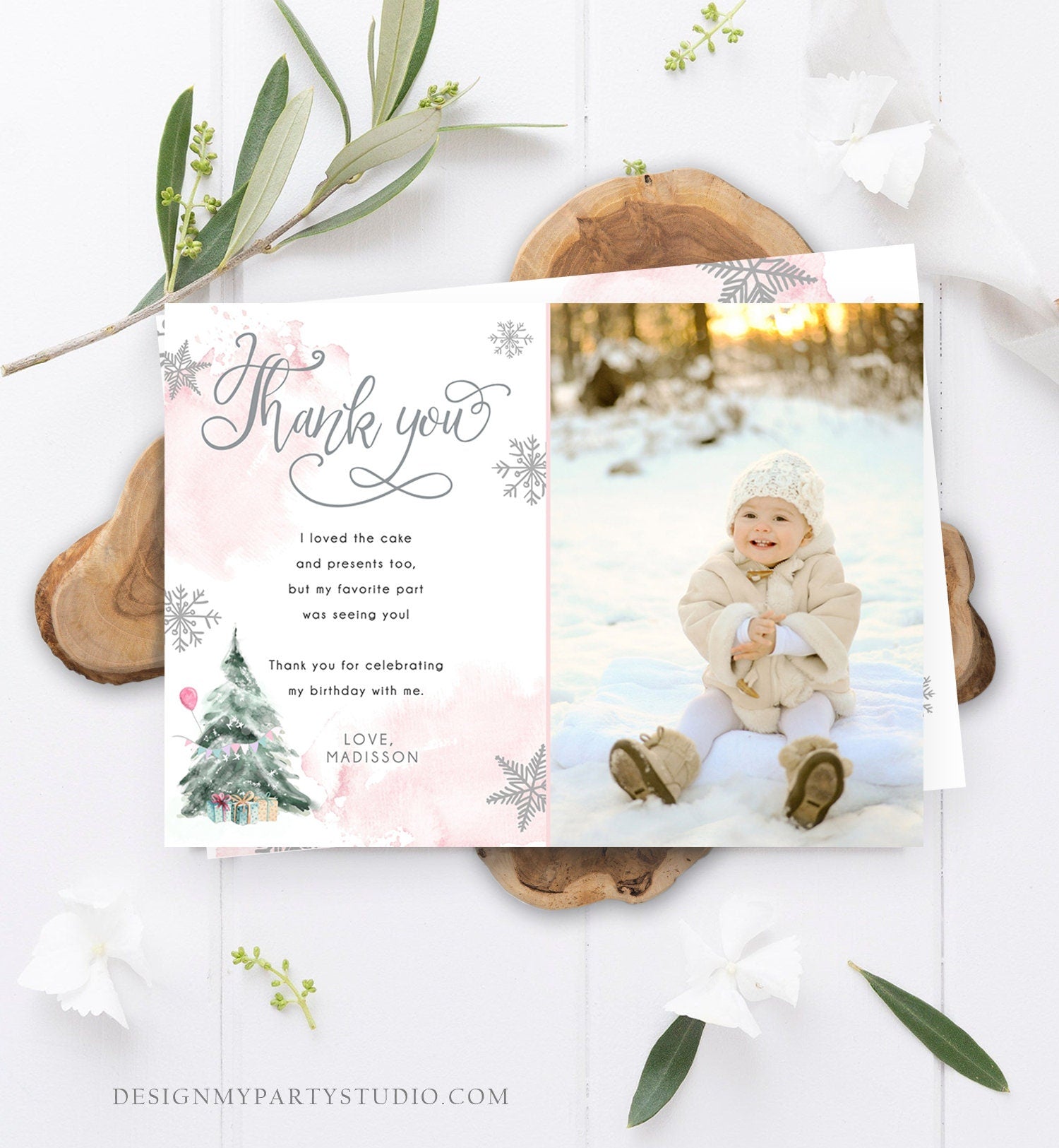 Editable Winter Tree Thank You Card Watercolor Birthday Winter Onederland Pink Girl Christmas Snow Snowflake Digital Template Printable 0363