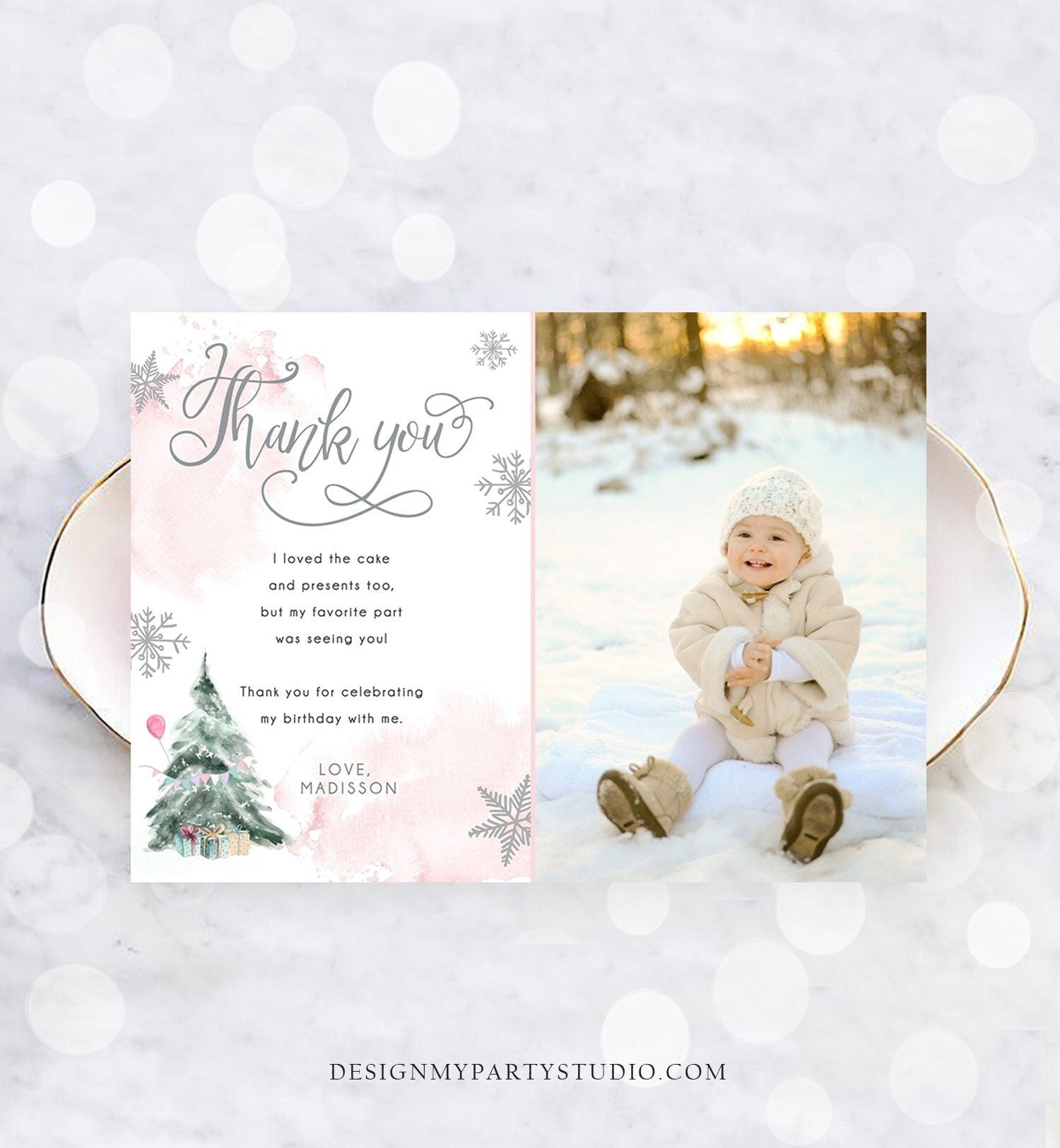 Editable Winter Tree Thank You Card Watercolor Birthday Winter Onederland Pink Girl Christmas Snow Snowflake Digital Template Printable 0363