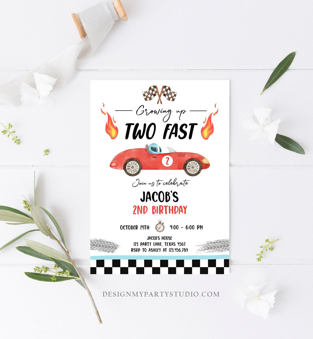 Editable Racing Car Birthday Invitation Growing Up Two Fast Invite Second Birthday 2nd Boy Download Printable Template Digital Corjl 0424