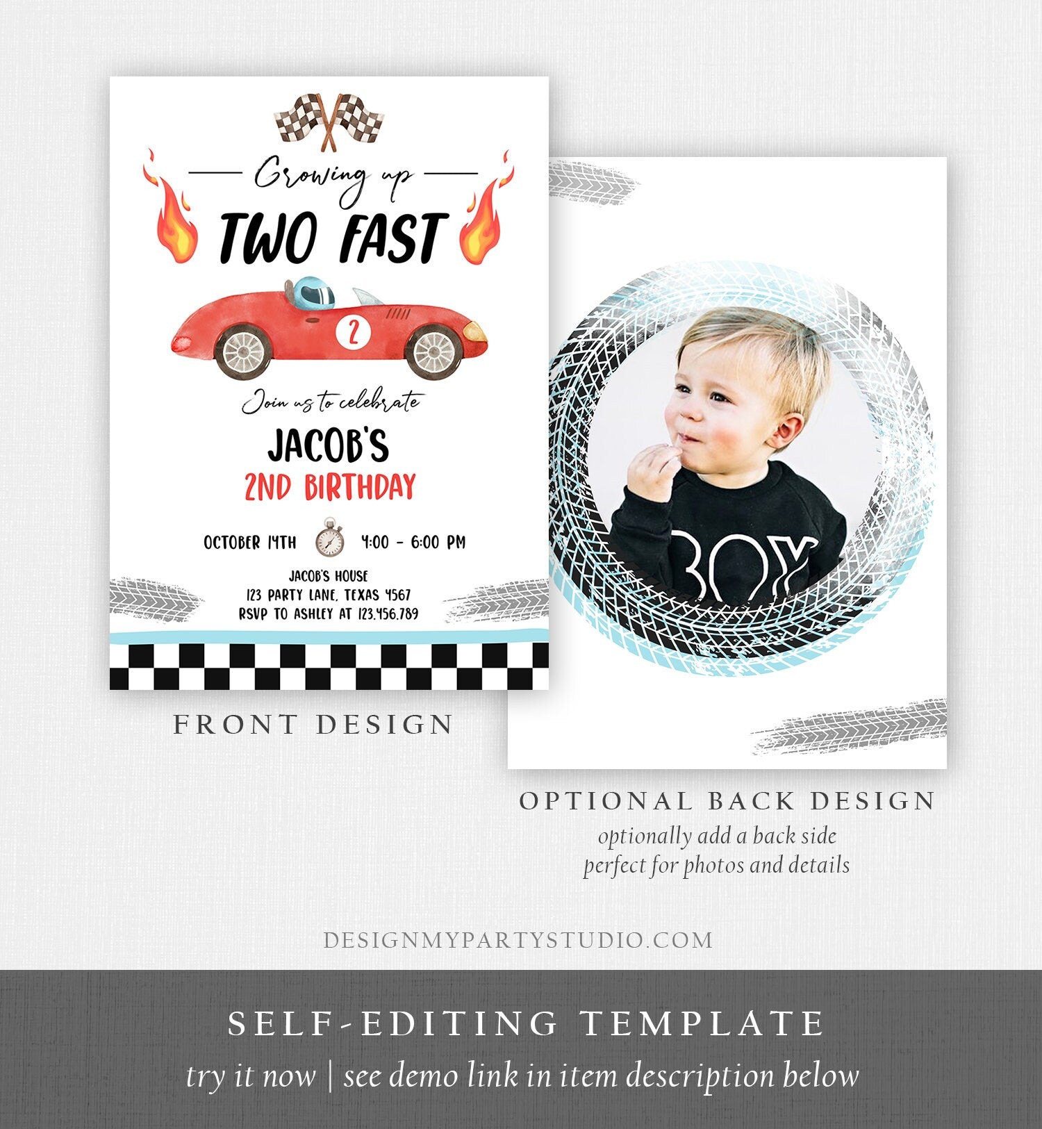 Editable Racing Car Birthday Invitation Growing Up Two Fast Invite Second Birthday 2nd Boy Download Printable Template Digital Corjl 0424