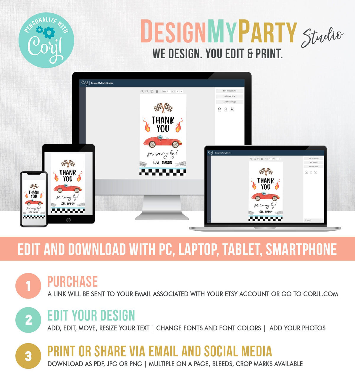 Editable Racing Favor Tags Race Car Birthday Thank you Label Growing Up Two Fast Gift tags Red Race Cars 2nd Template Corjl PRINTABLE 0424