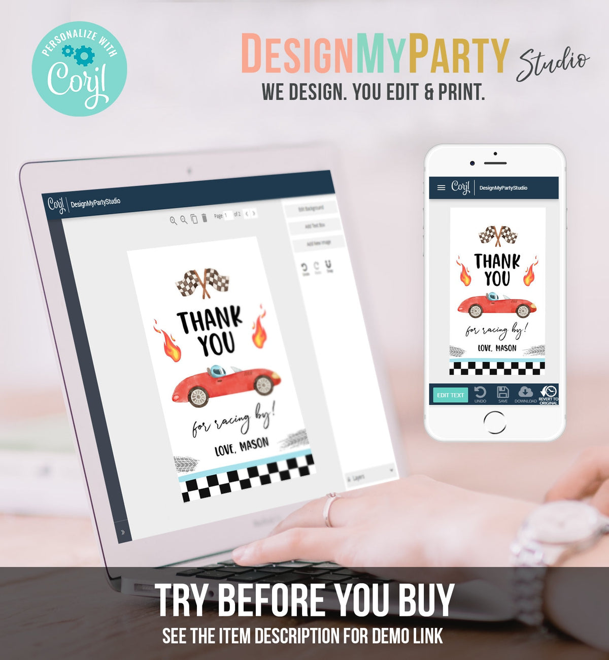 Editable Racing Favor Tags Race Car Birthday Thank you Label Growing Up Two Fast Gift tags Red Race Cars 2nd Template Corjl PRINTABLE 0424