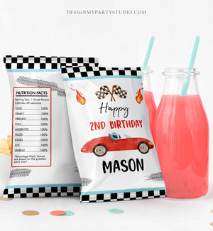 Editable Race Car Chip Bag Growing Up Two Fast Birthday Party Decor Boy Racing Party Favors 2nd Birthday Red Car Digital Corjl Template 0424