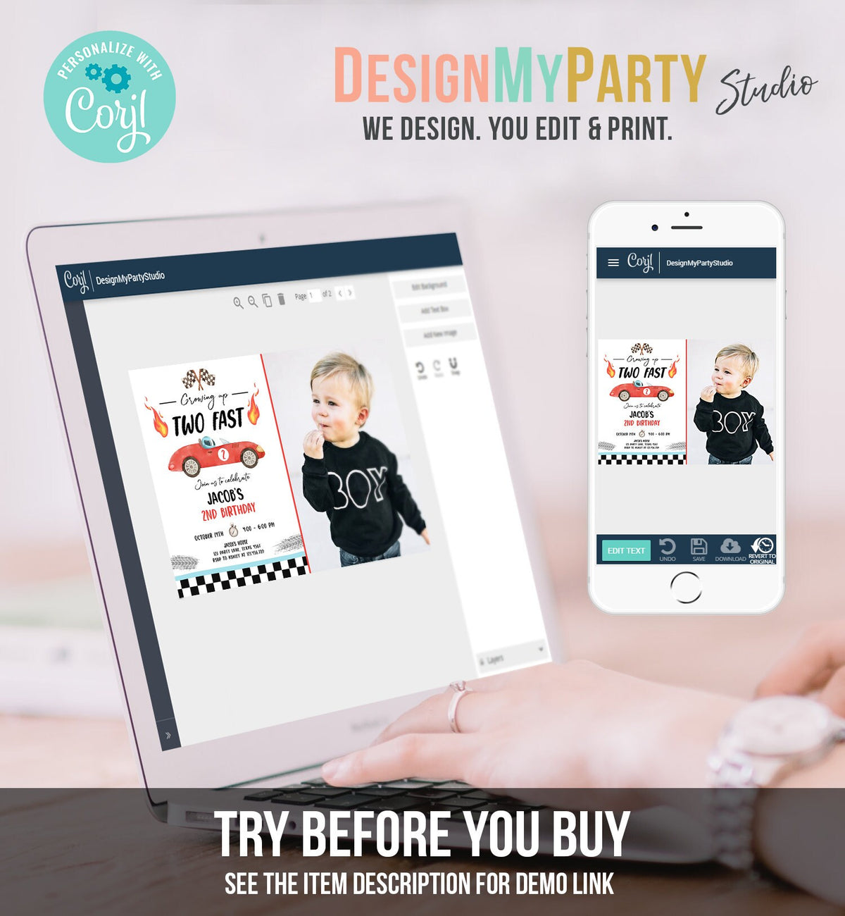 Editable Racing Car Birthday Invitation Growing Up Two Fast Invite Second Birthday 2nd Boy Digital Download Evite Template Printable 0424