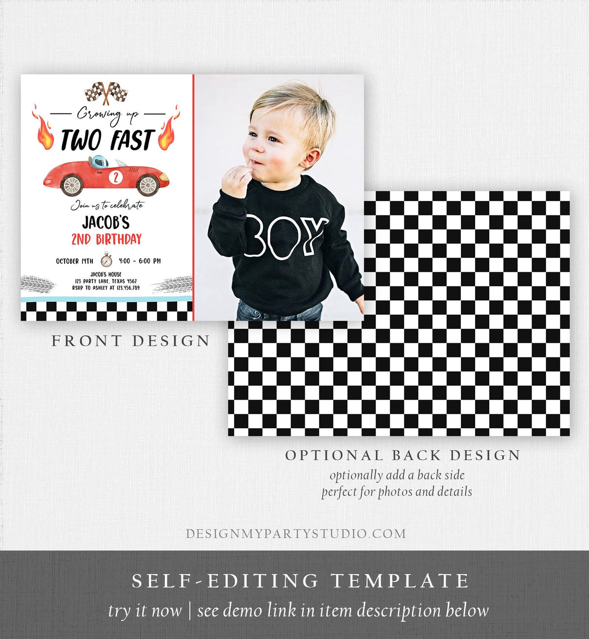 Editable Racing Car Birthday Invitation Growing Up Two Fast Invite Second Birthday 2nd Boy Digital Download Evite Template Printable 0424