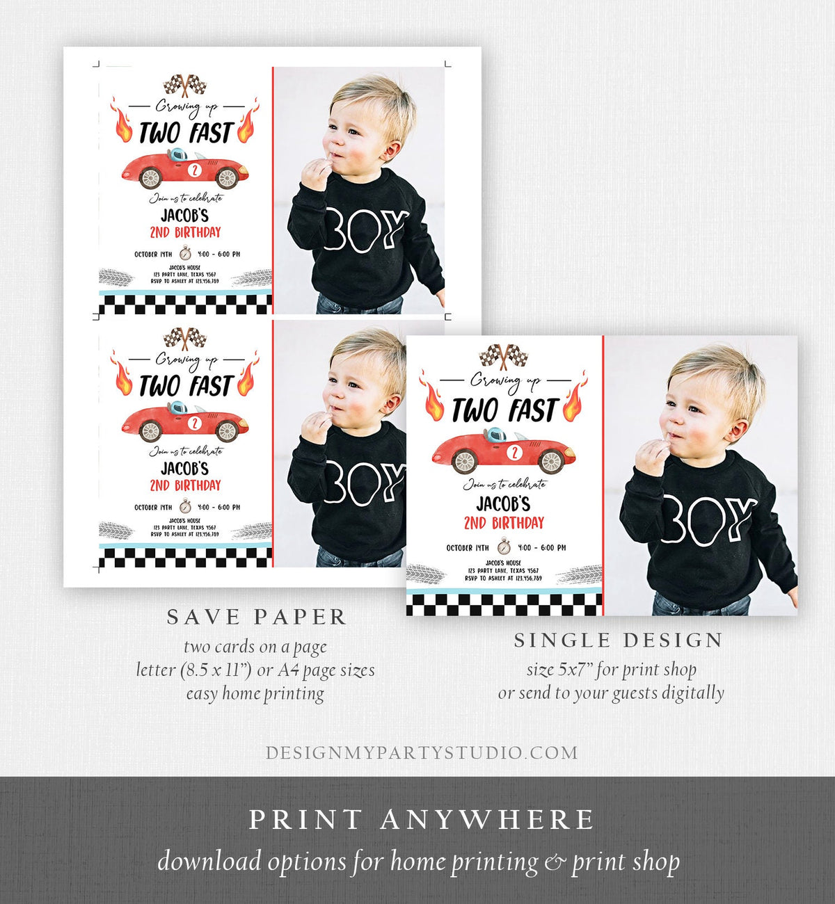 Editable Racing Car Birthday Invitation Growing Up Two Fast Invite Second Birthday 2nd Boy Digital Download Evite Template Printable 0424