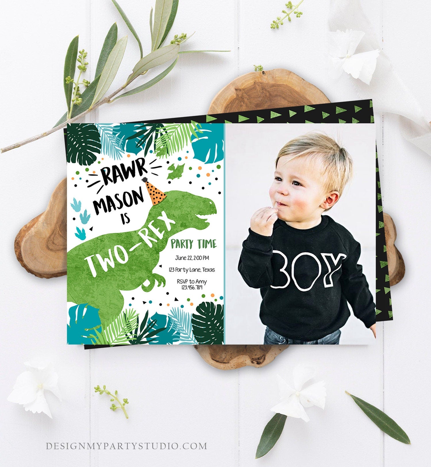 Editable Two-Rex Dinosaur Birthday Invitation Dino T-Rex Second Birthday 2nd RAWR Boy Green Blue Prehistoric Digital Template Printable 0389