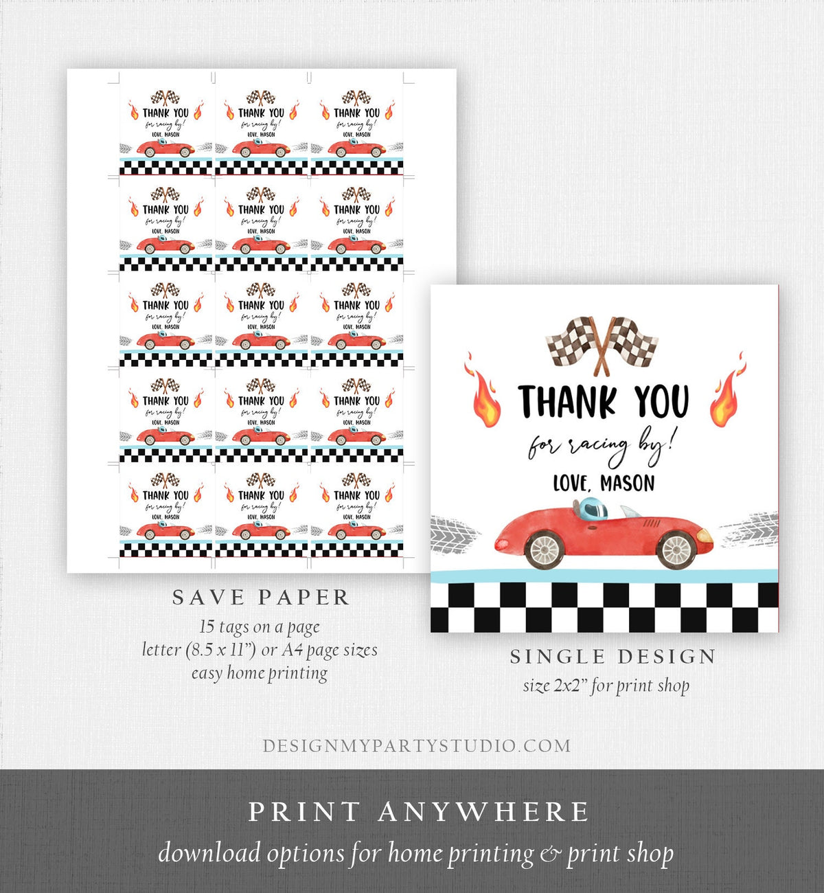 Editable Racing Favor Tags Race Car Birthday Thank you Label Growing Up Two Fast Stickers Red Race Cars 2nd Template Corjl PRINTABLE 0424