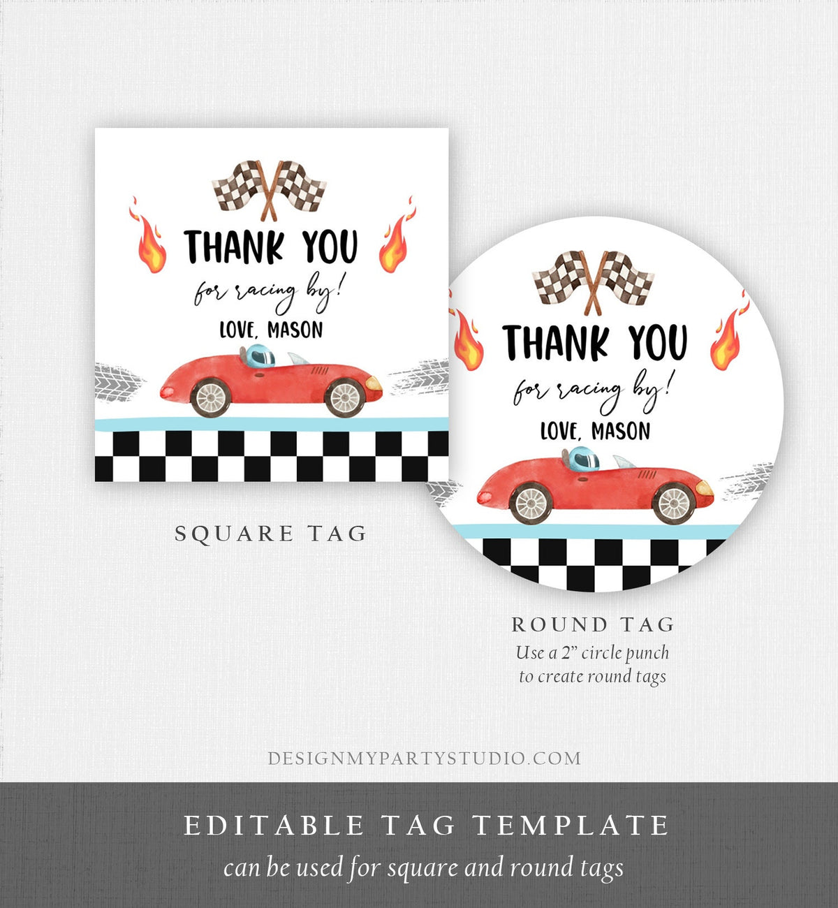 Editable Racing Favor Tags Race Car Birthday Thank you Label Growing Up Two Fast Stickers Red Race Cars 2nd Template Corjl PRINTABLE 0424