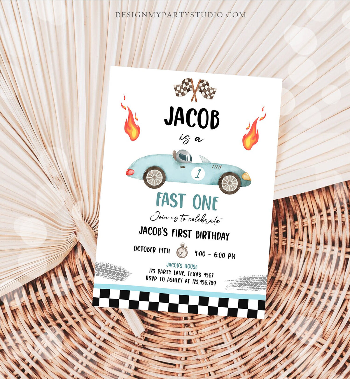 Editable Race Car 1st Birthday Invitation Fast One Invite First Birthday Racing Party Boy Digital Download Evite Template Printable 0424