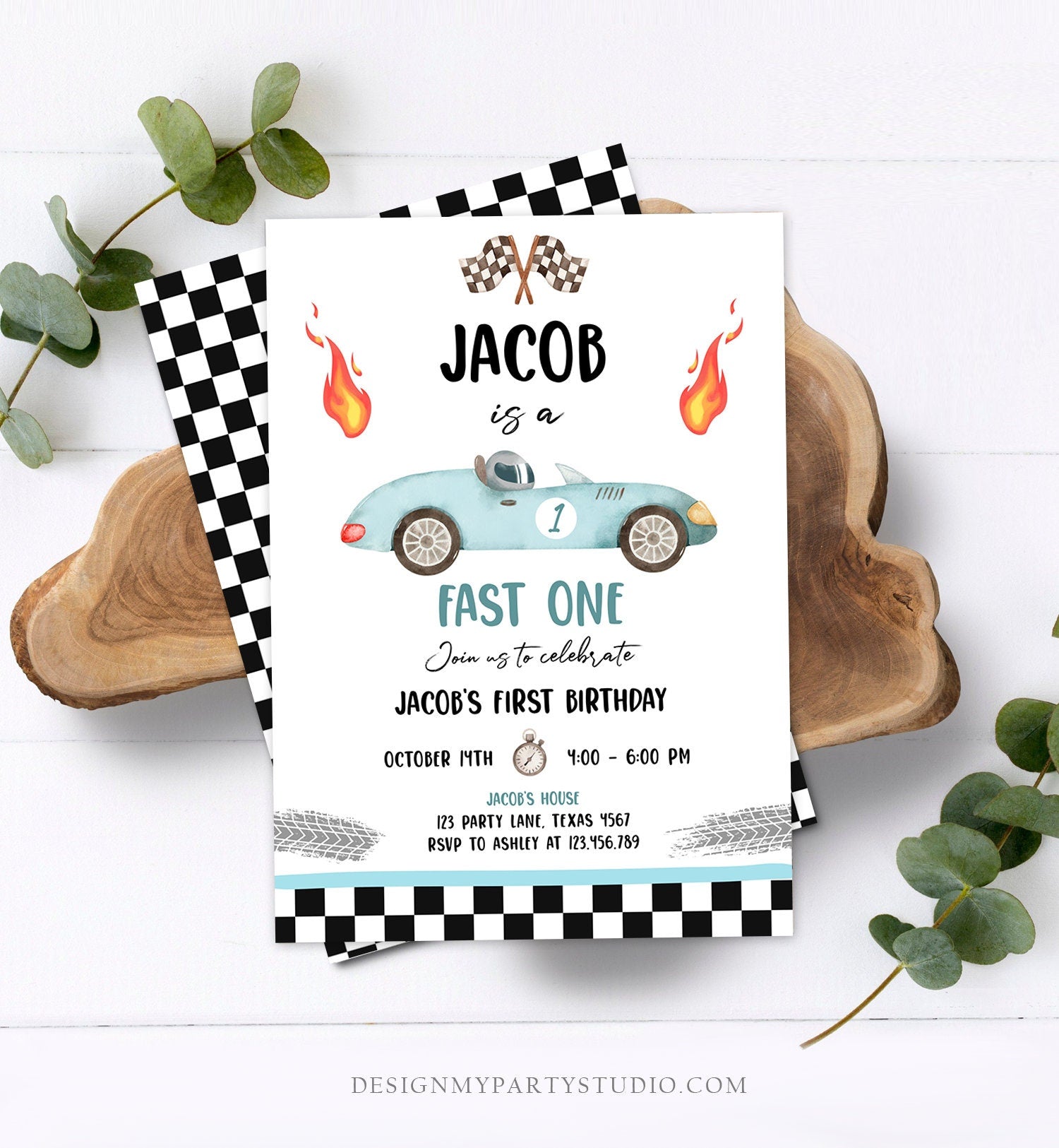 Editable Race Car 1st Birthday Invitation Fast One Invite First Birthday Racing Party Boy Digital Download Evite Template Printable 0424