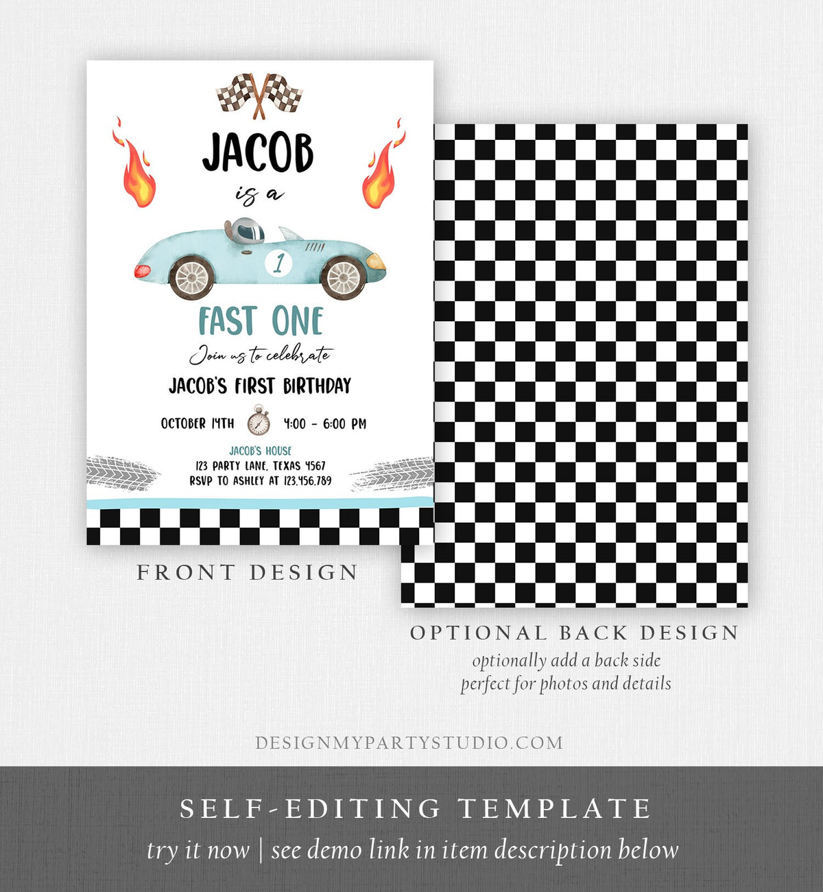 Editable Race Car 1st Birthday Invitation Fast One Invite First Birthday Racing Party Boy Digital Download Evite Template Printable 0424