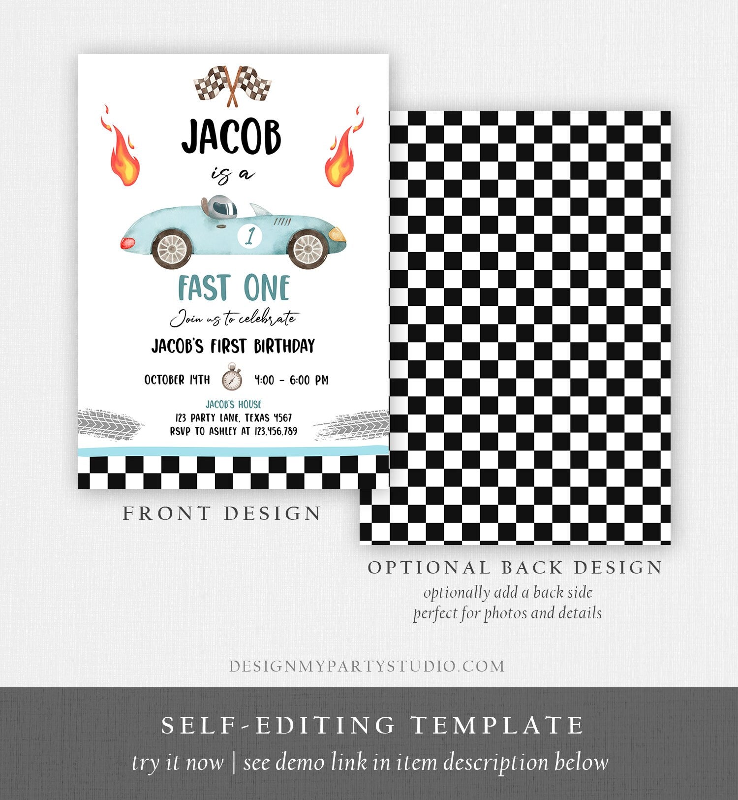 Editable Race Car 1st Birthday Invitation Fast One Invite First Birthday Racing Party Boy Digital Download Evite Template Printable 0424