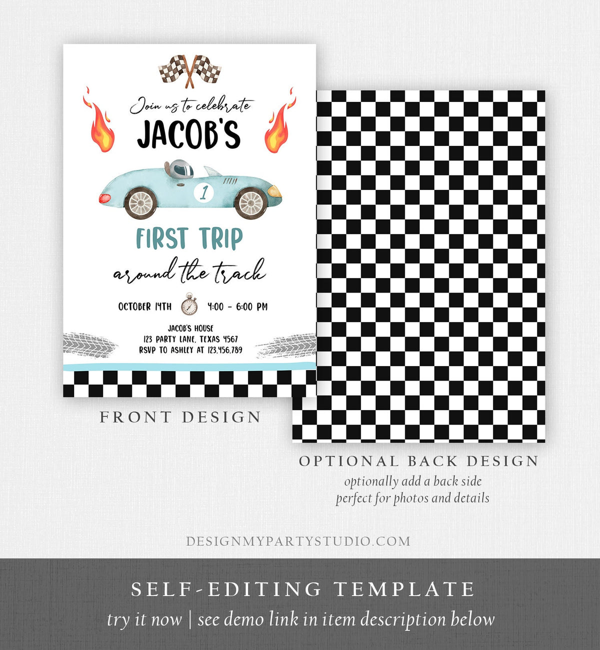 Editable Race Car 1st Birthday Invitation First Trip Around the Track First Birthday Racing Download Printable Template Digital Corjl 0424