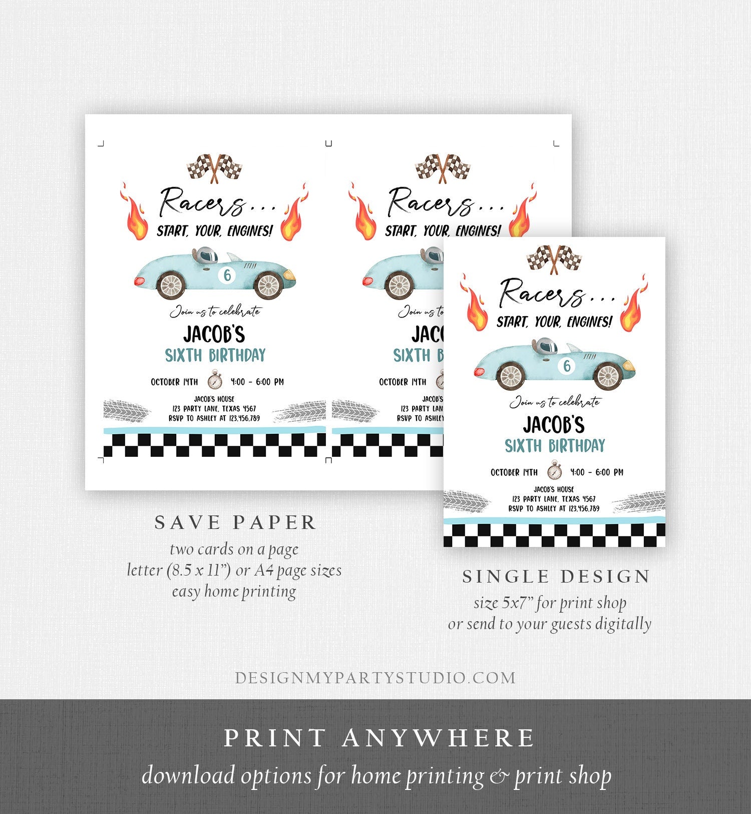 Editable Racing Birthday Invitation Racers Start Your Engines Race Car Party Little Racer Digital Download Evite Template Printable 0424