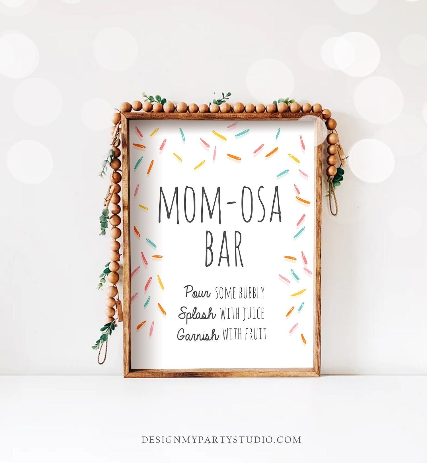 Mom-osa Bar Sign For Baby Shower - Wooden Tabletop Decoration With Stand, Gender Neutral (8" X 11")